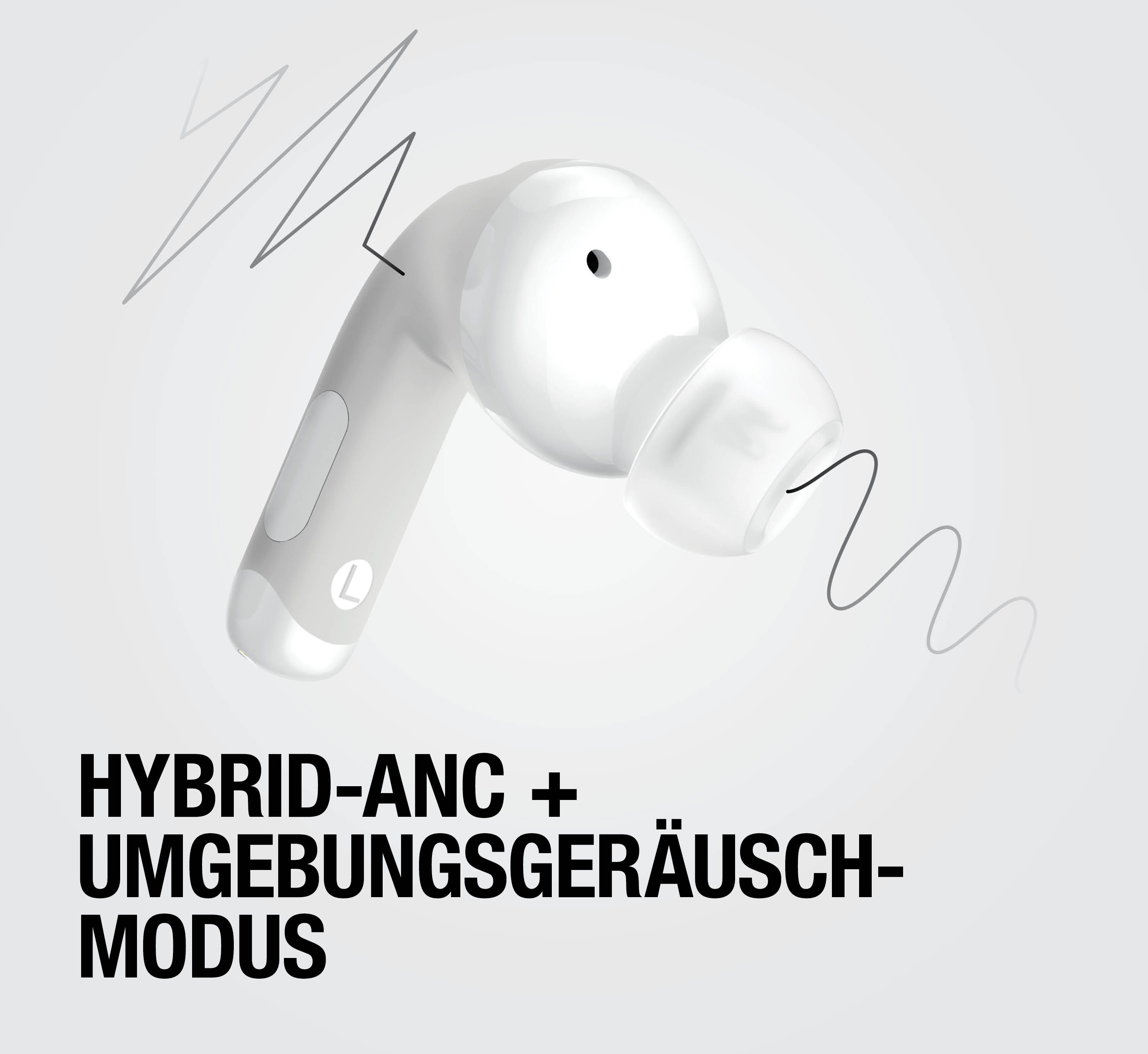 Weißer In-Ear-Kopfhörer mit Wellenlinien und Text für Hybrid-ANC-Modus auf grauem Hintergrund.