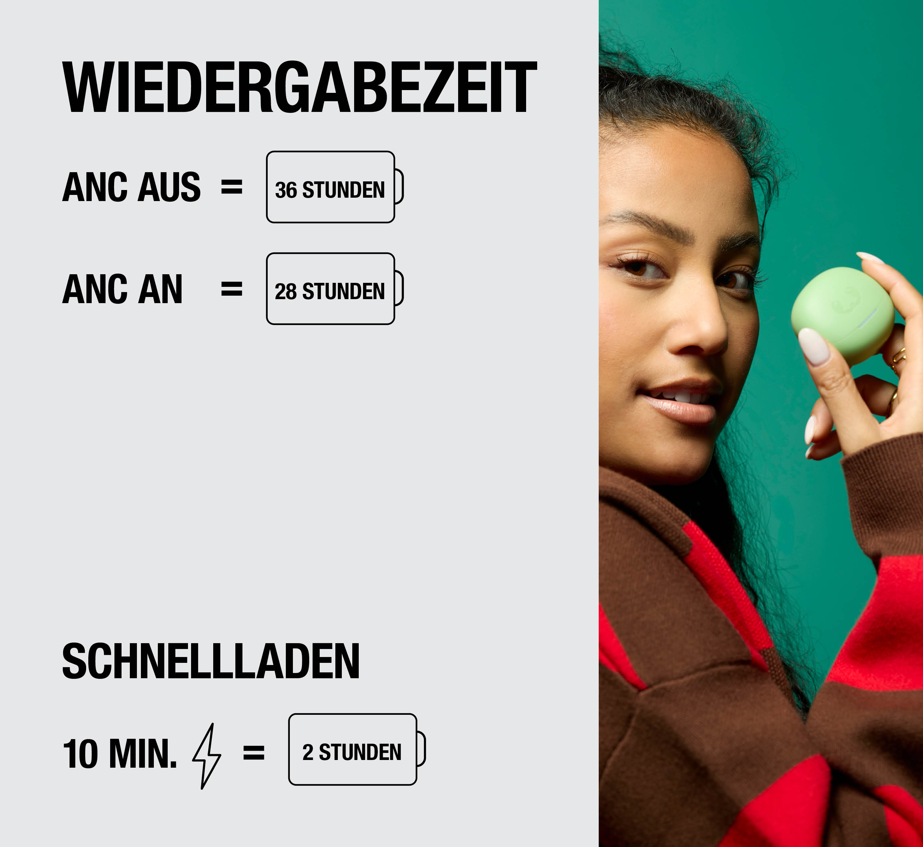Frau hält grüne Ohrhörer vor grünem Hintergrund, links Text über Akkulaufzeit.