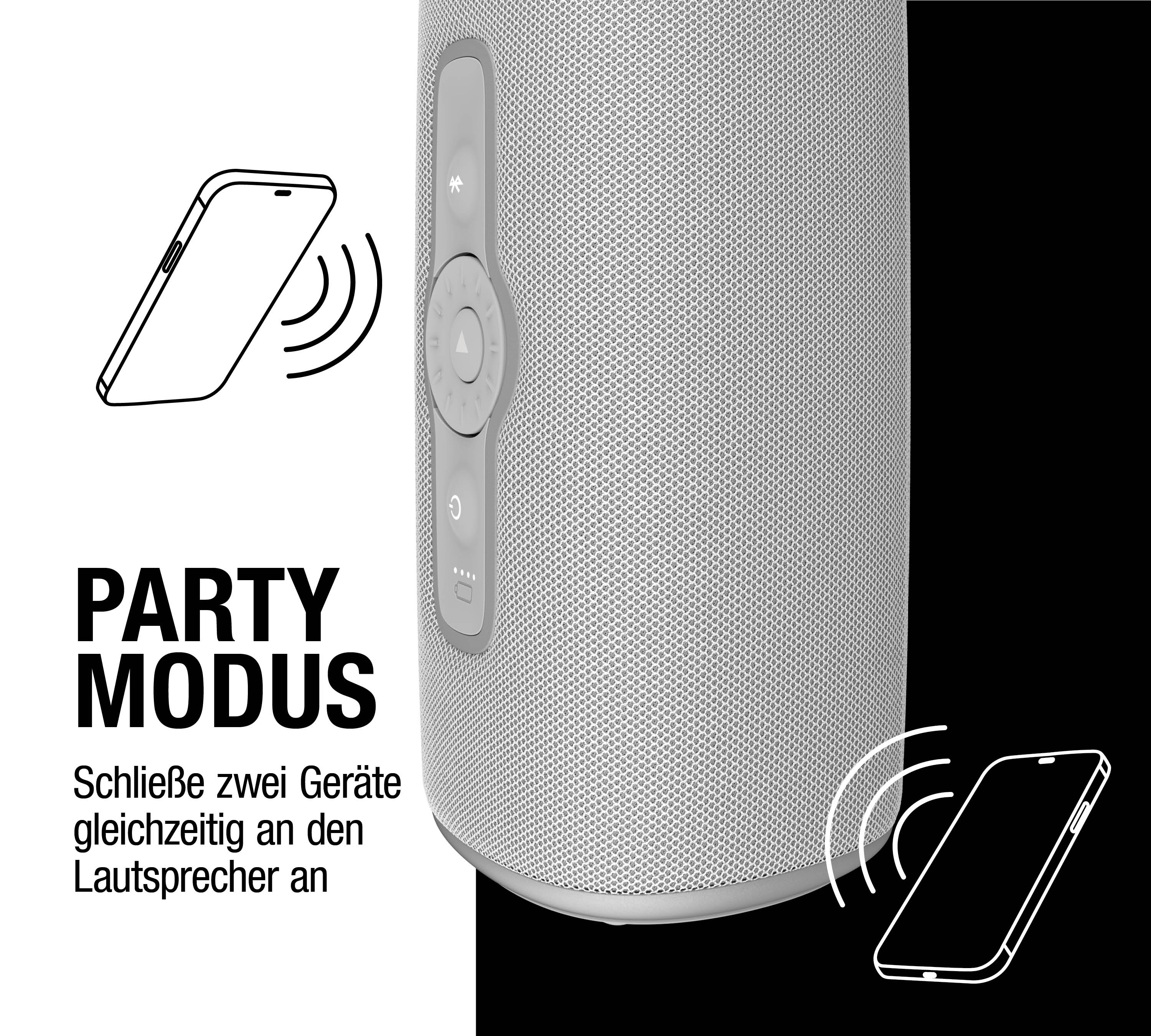 Grafik zeigt Party-Modus, bei dem zwei Smartphones gleichzeitig mit einem grauen Lautsprecher verbunden sind.
