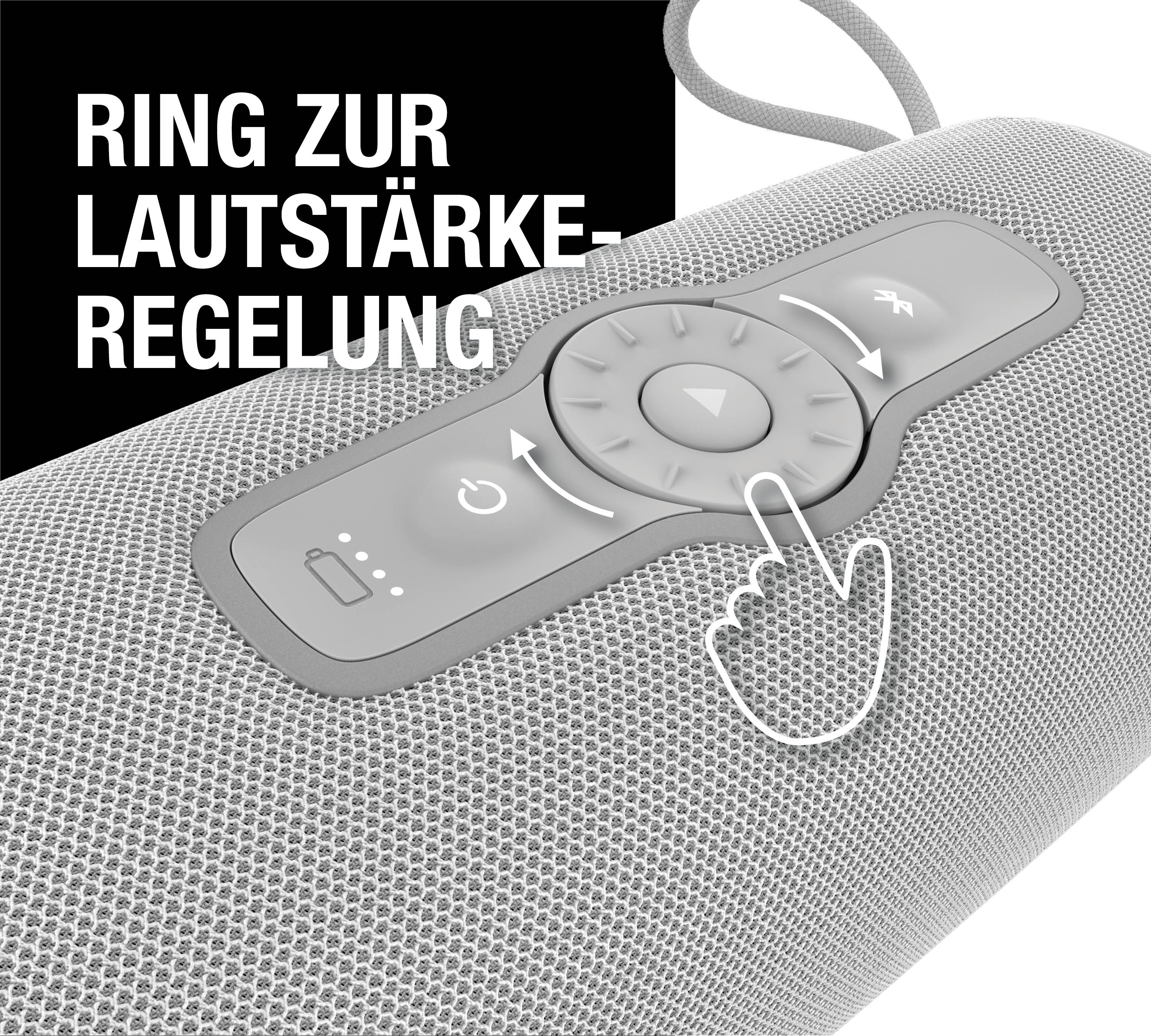 Grauer Bluetooth-Lautsprecher mit Bedienfeld und deutscher Textgrafik.