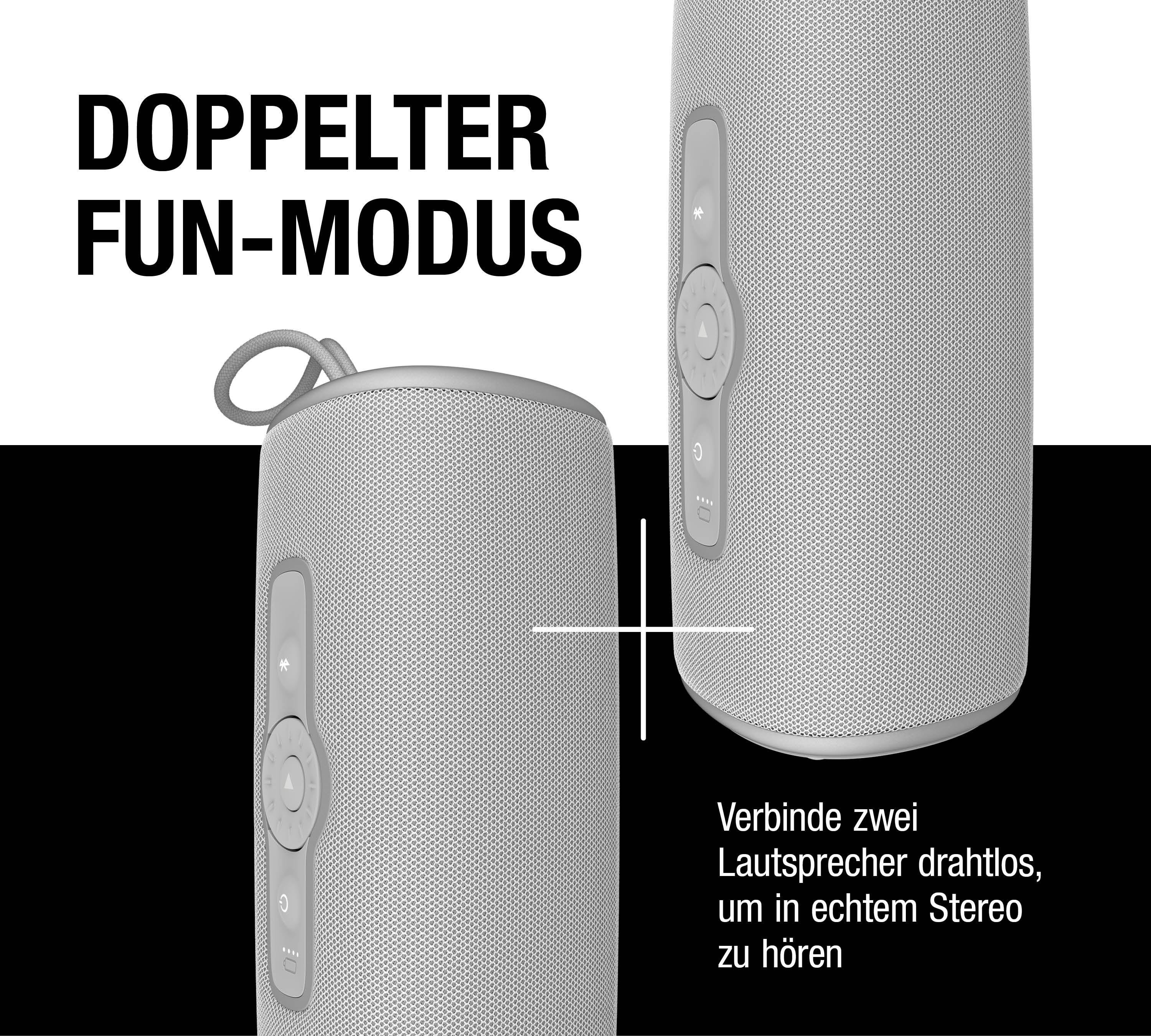 Zwei graue Lautsprecher verbunden für echten Stereoklang, mit deutschem Werbetext.