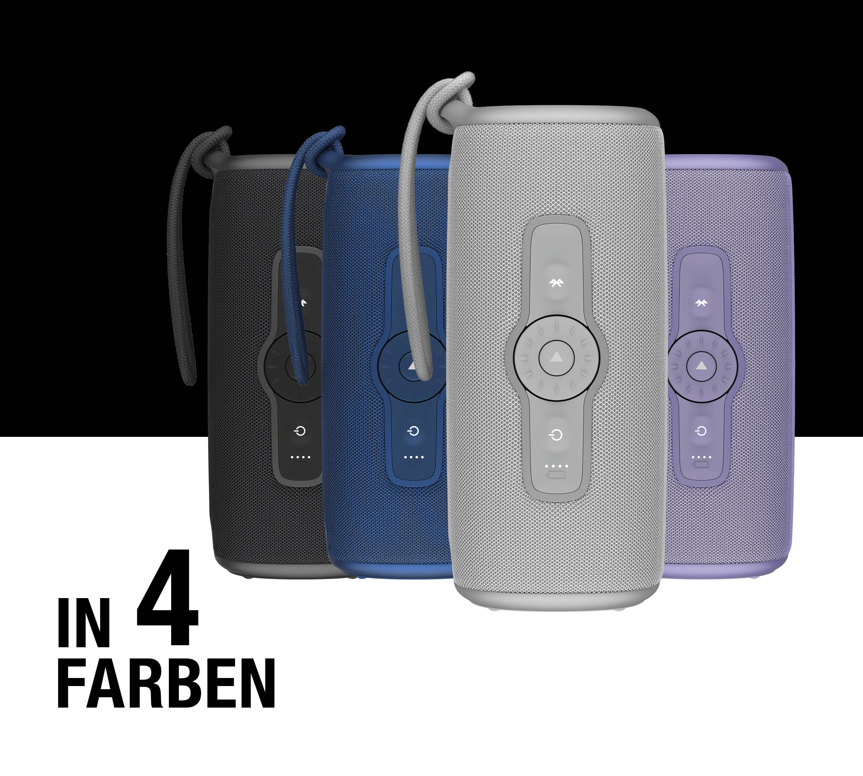 Vier zylindrische Bluetooth-Lautsprecher in Schwarz, Blau, Grau und Lila mit Trageschlaufe vor schwarz-weißem Hintergrund.