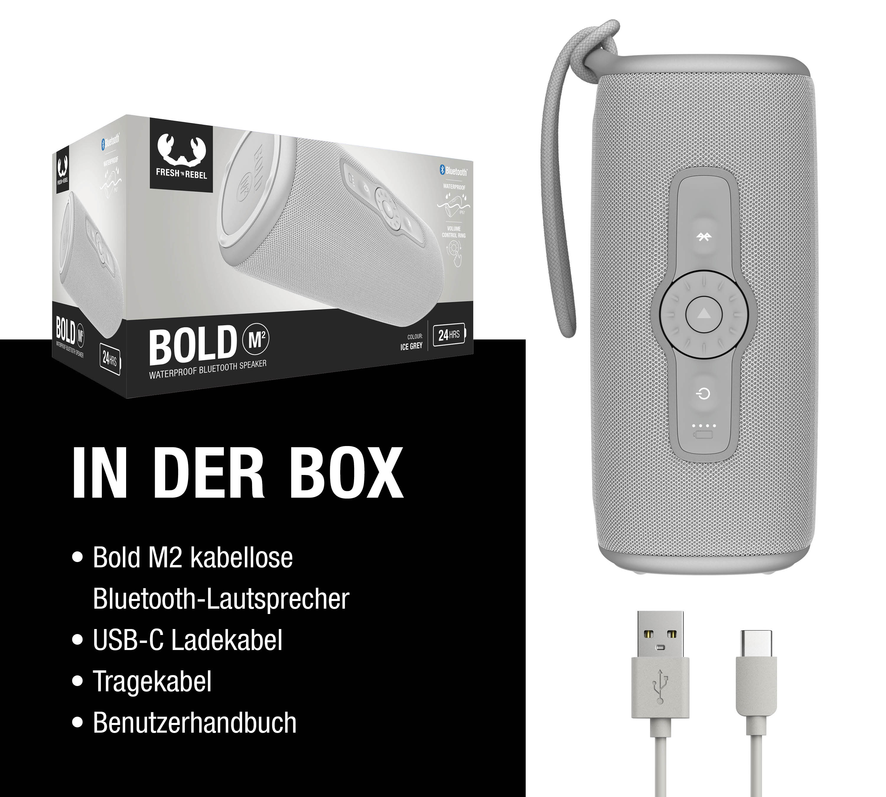 Grauer Bold M2 WLAN-Lautsprecher, Verpackungskarton und USB-C-Ladekabel.