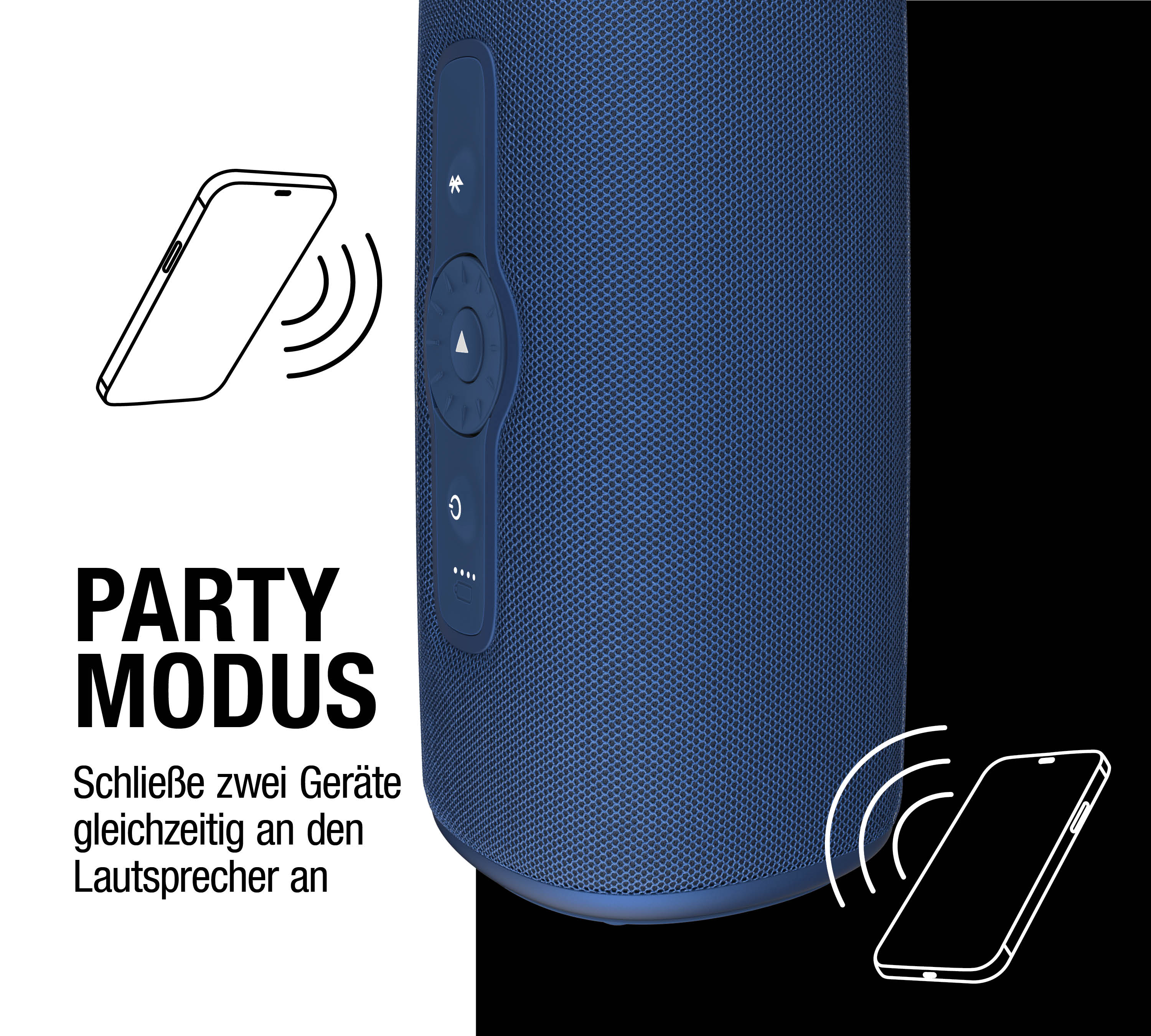 Blauer Lautsprecher mit zwei Handys für Party-Modus.