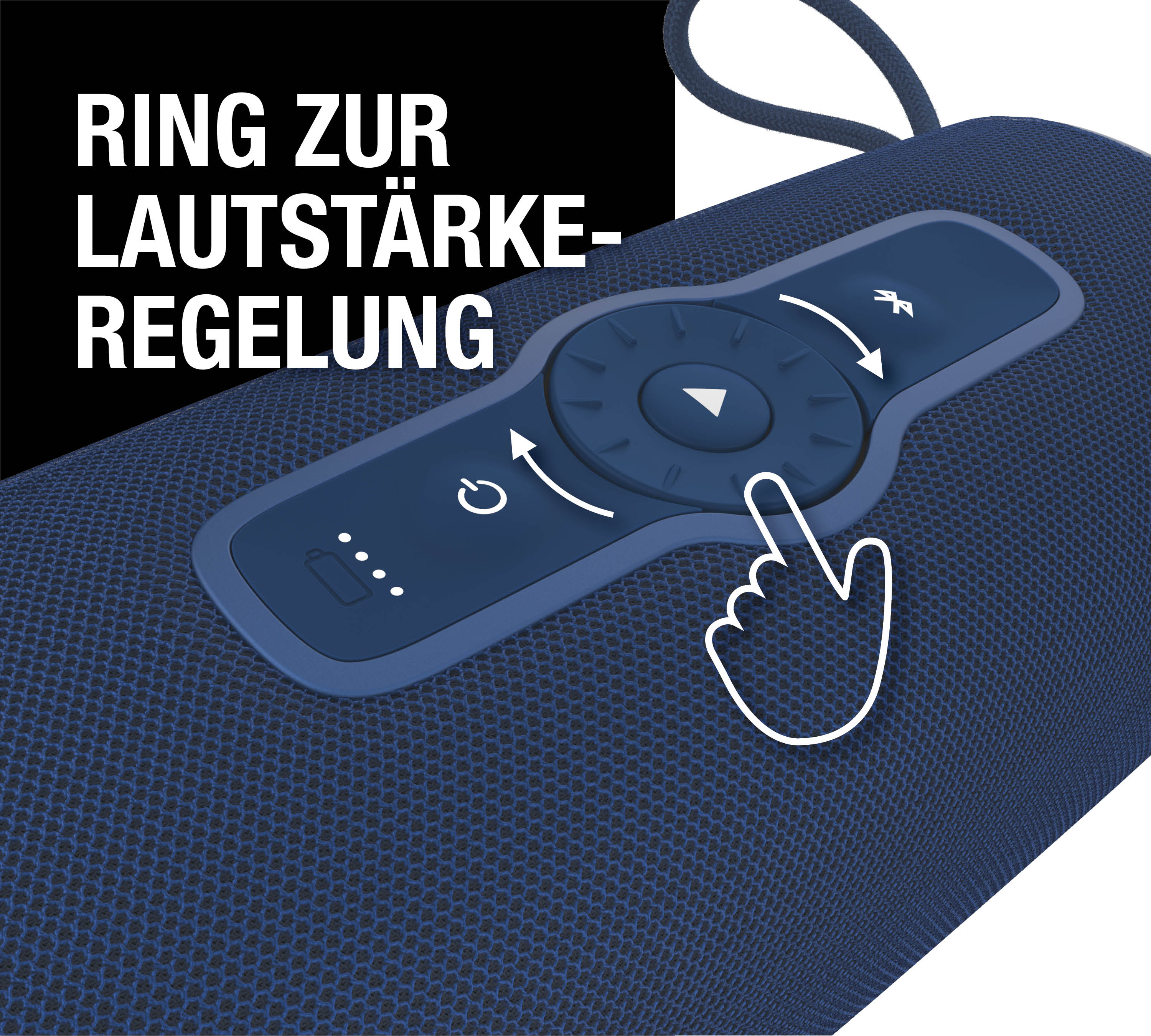 Ein blauer Bluetooth-Lautsprecher mit Bedienelementen und einer Hand, die den Lautstärkering zeigt.