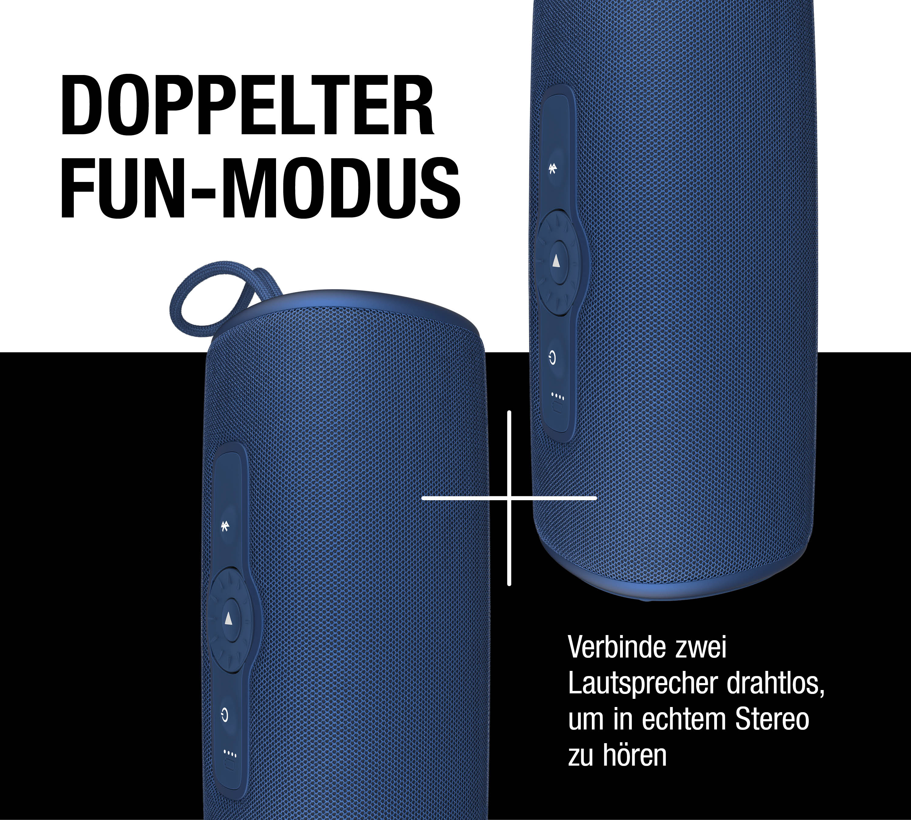 Zwei blaue kabellose Lautsprecher mit Steuertasten zeigen den Stereo-Modus.