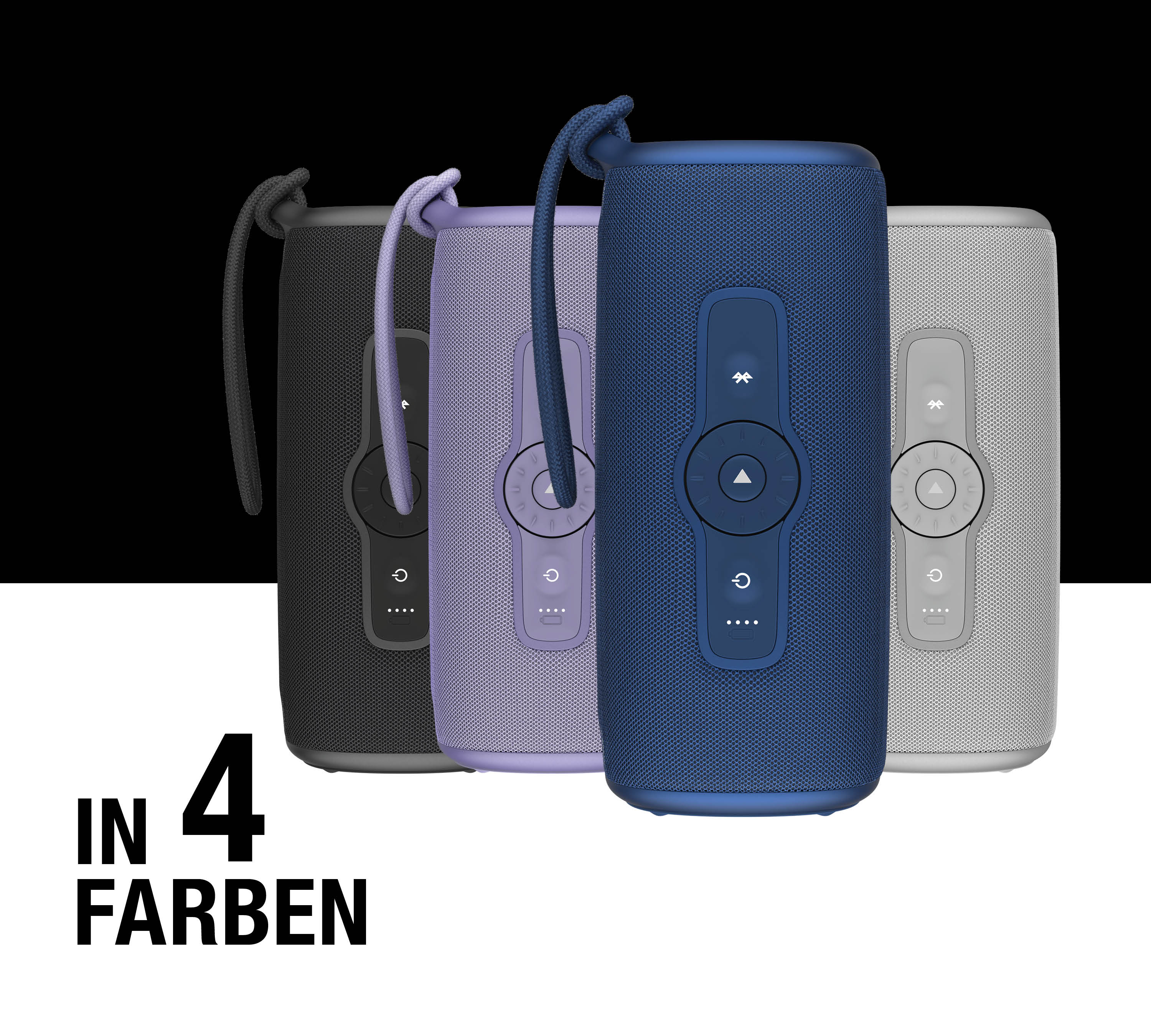 Vier zylindrische Bluetooth-Lautsprecher in Schwarz, Lila, Blau und Grau mit Trageschlaufe vor schwarz-weißem Hintergrund.