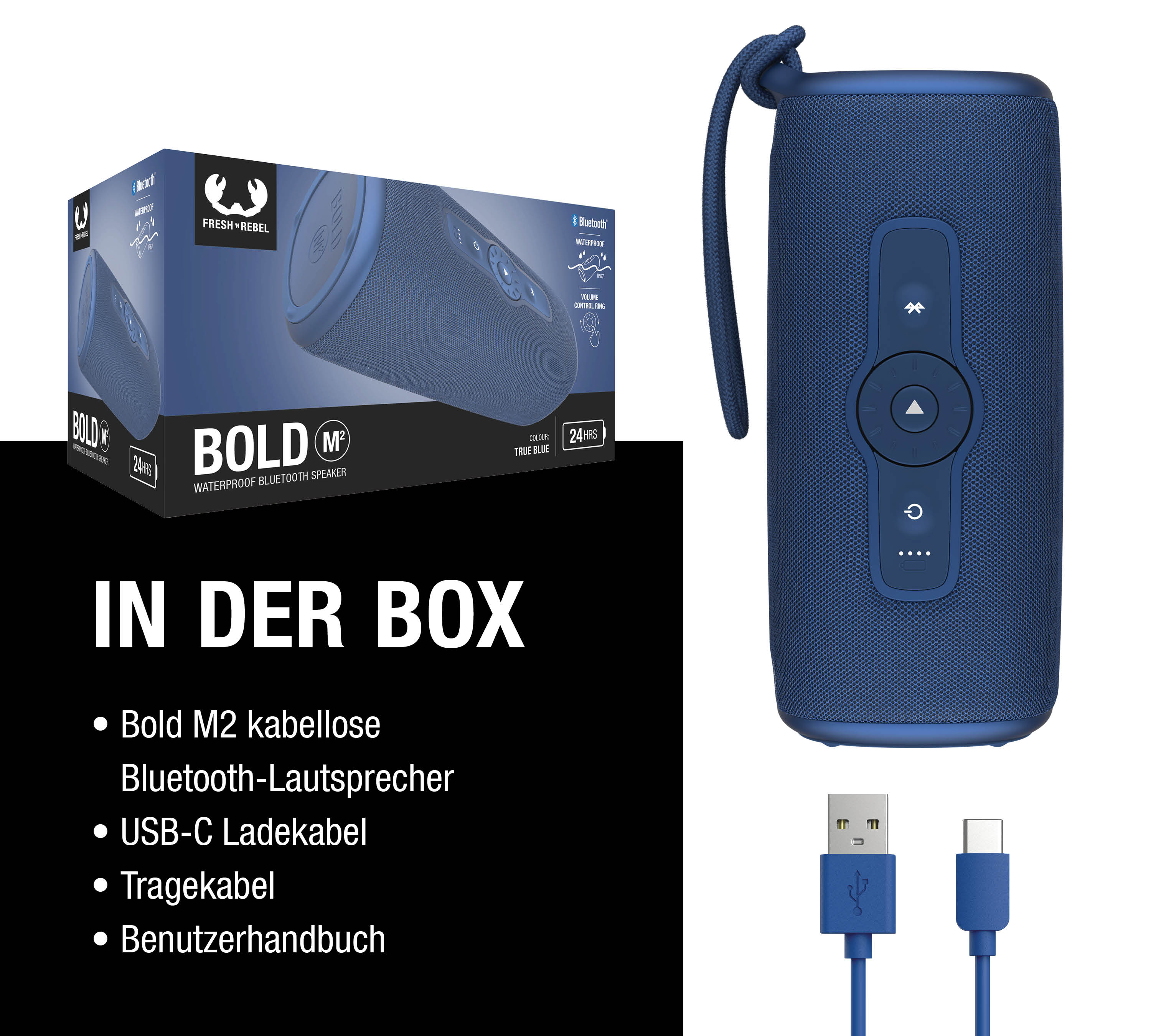 Blauer Fresh 'n Rebel Bold M2 Bluetooth-Lautsprecher mit Verpackung und USB-C-Kabel auf schwarzem Grund.