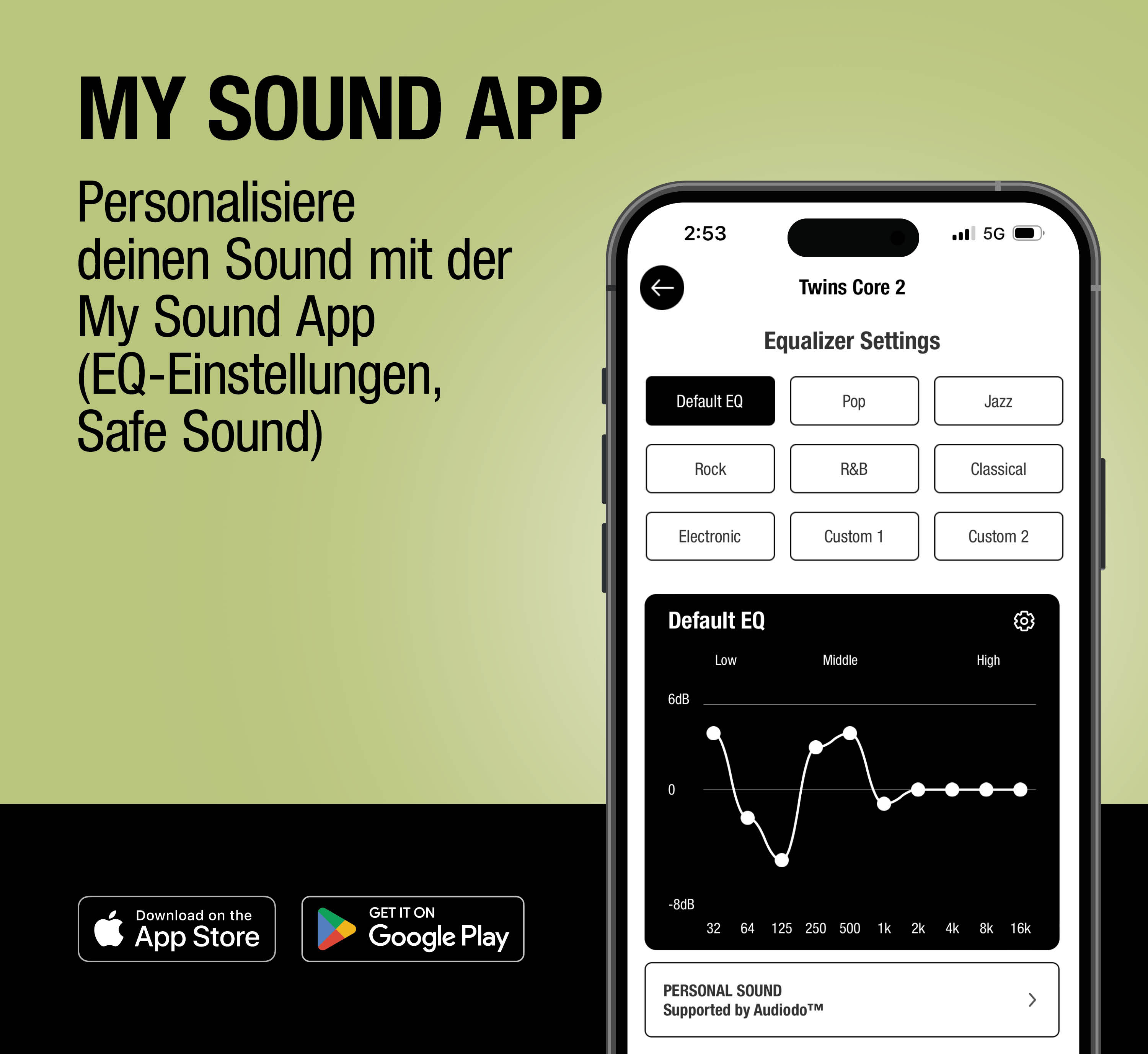 Smartphone zeigt die My Sound App mit Equalizer-Einstellungen und Download-Optionen.