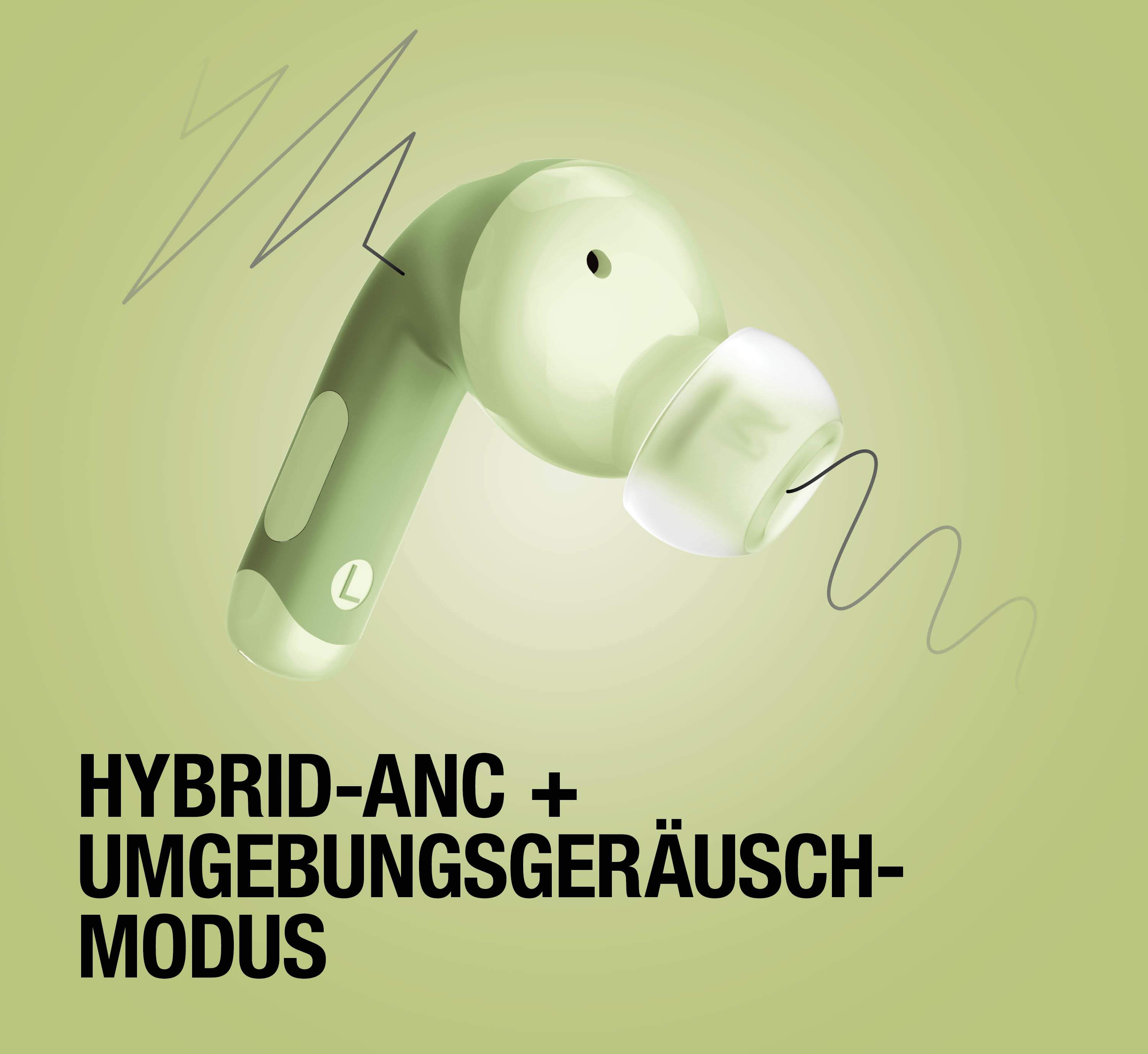 Grüner In-Ear-Kopfhörer mit ANC-Wellenlinien vor grünem Hintergrund und schwarzem Text.