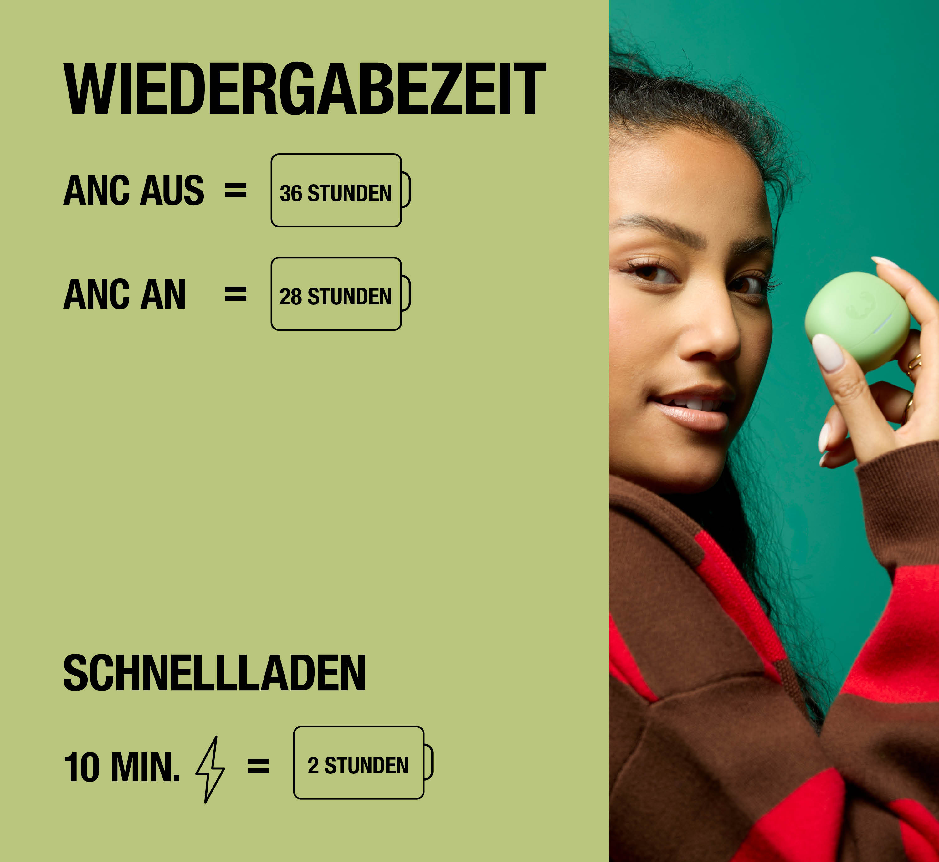 Eine Frau hält eine grüne Hülle neben deutschem Text zur Akkulaufzeit.