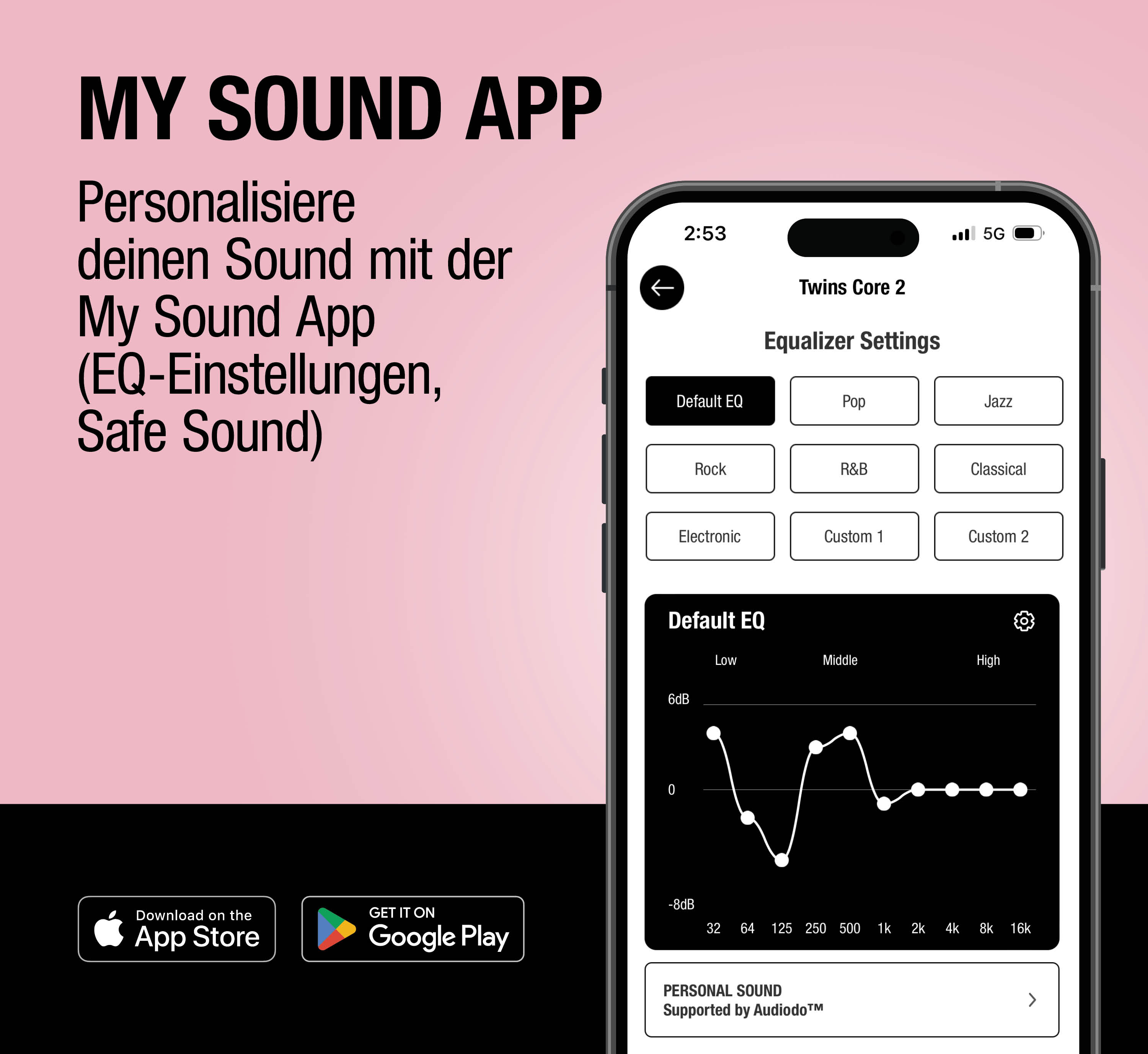 Smartphone mit Equalizer-App-Oberfläche vor rosafarbenem Hintergrund.