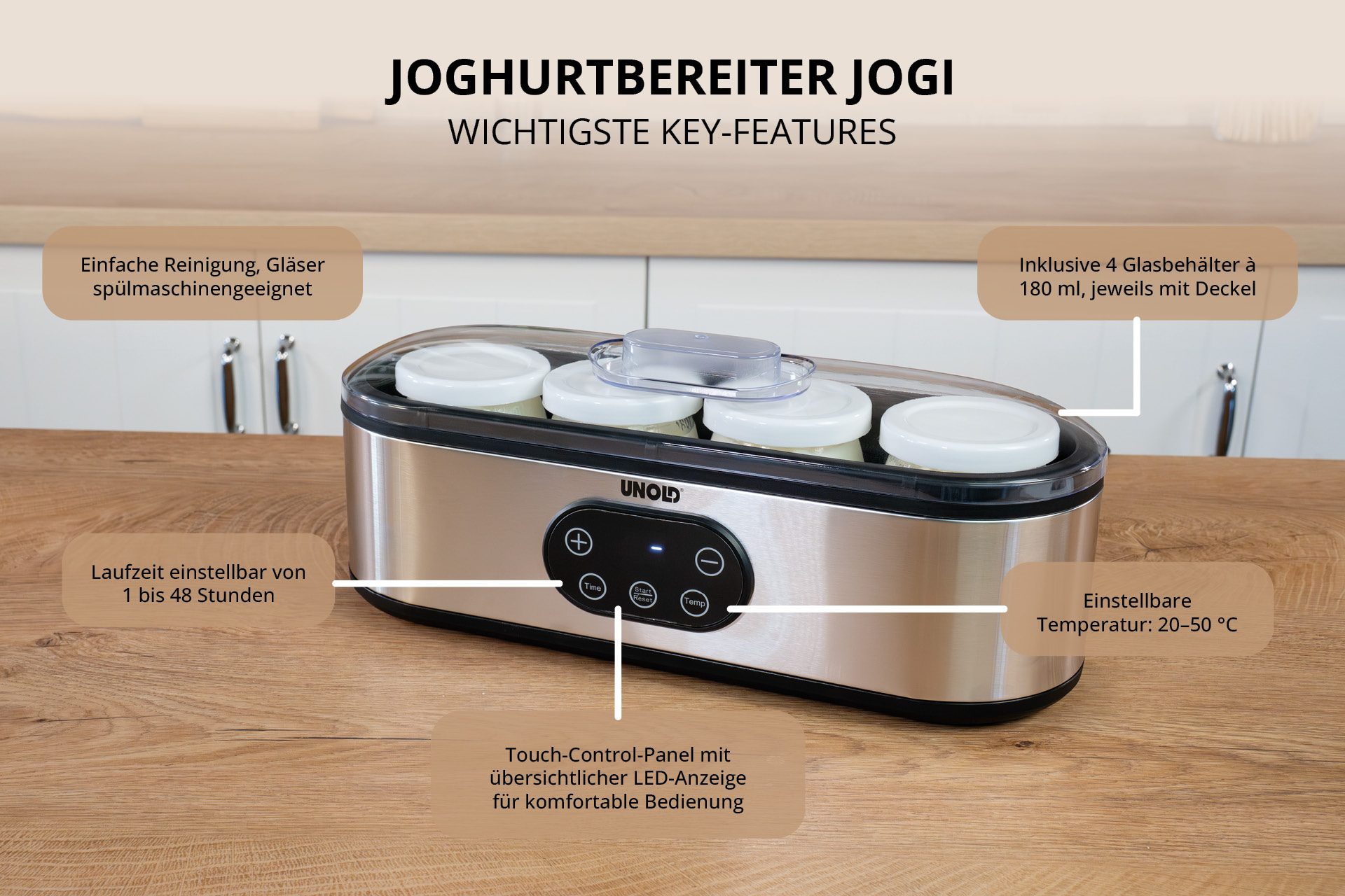 Edelstahl Joghurtbereiter auf Holzoberfläche mit vier Gläsern, LED-Touch-Display und Feature-Beschreibungen.