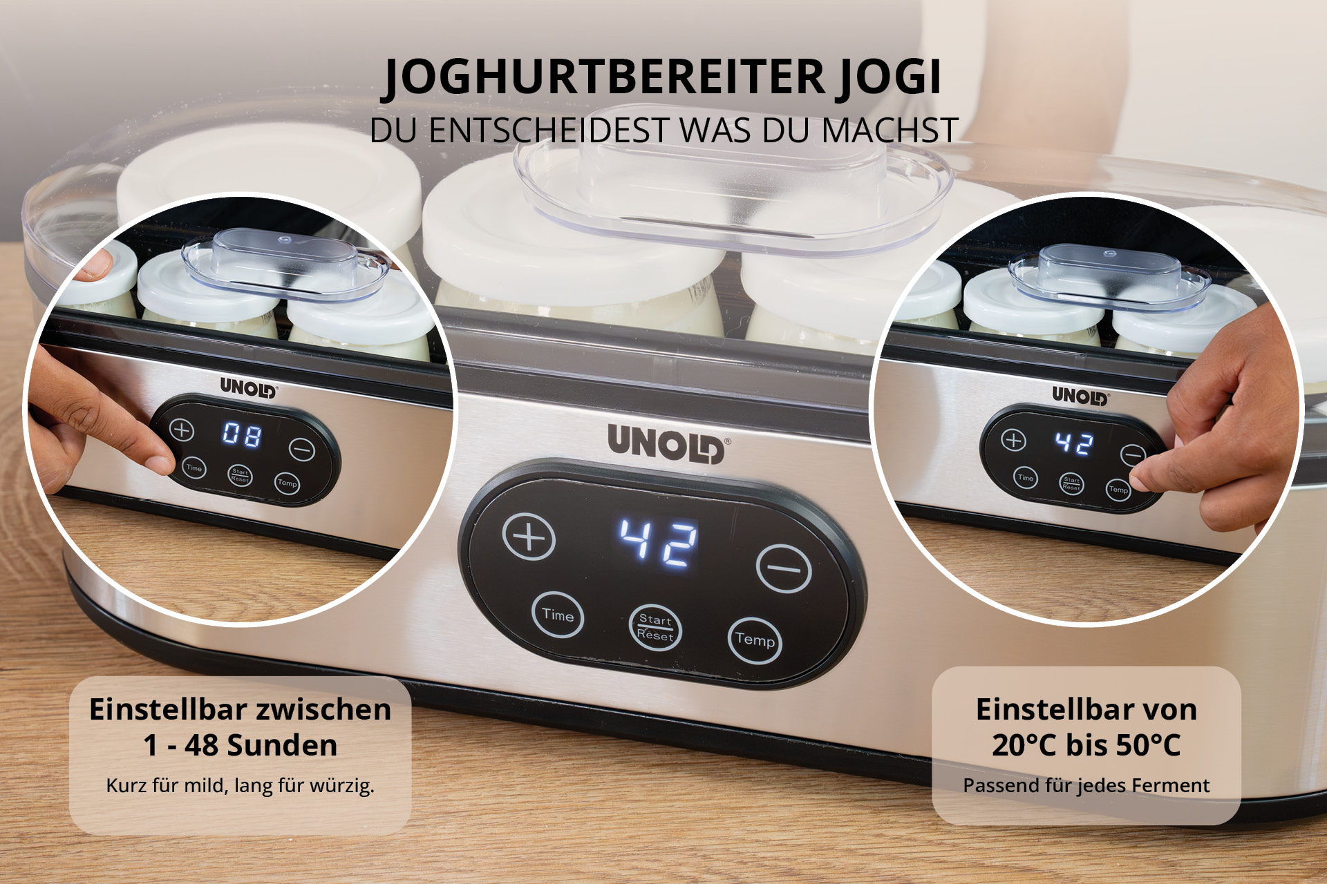 UNOLD Joghurtbereiter mit Digitaldisplay, Tasten für Zeit und Temperatur und Gläsern im Inneren.