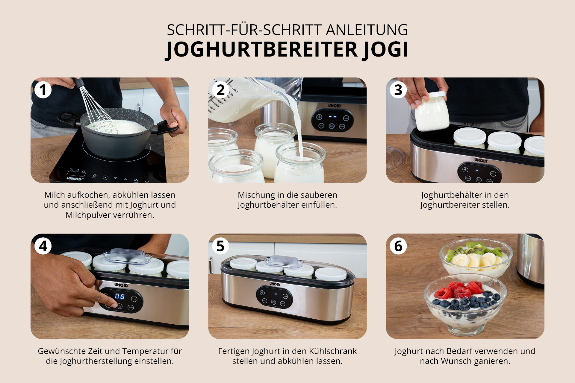 Sechs Schritt-Bilder zeigen die Joghurtzubereitung mit einem Unold-Gerät auf Holztisch.