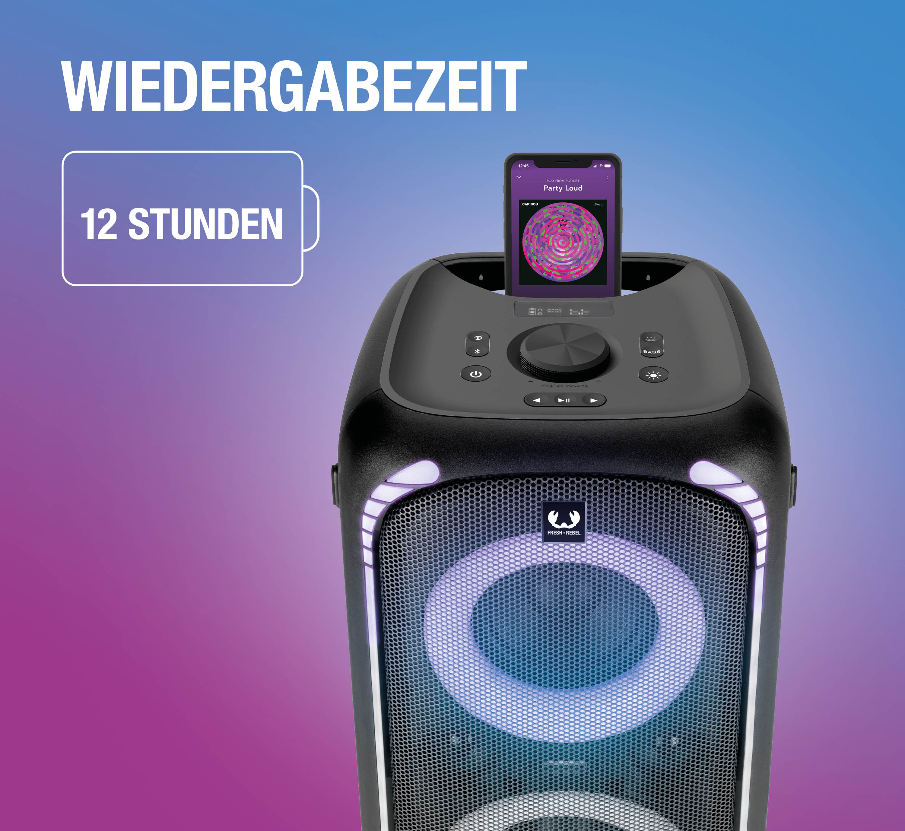 Schwarzer Partylautsprecher mit leuchtenden LED-Ringen, Smartphone im Dock und Text "WIEDERGABEZEIT 12 STUNDEN".