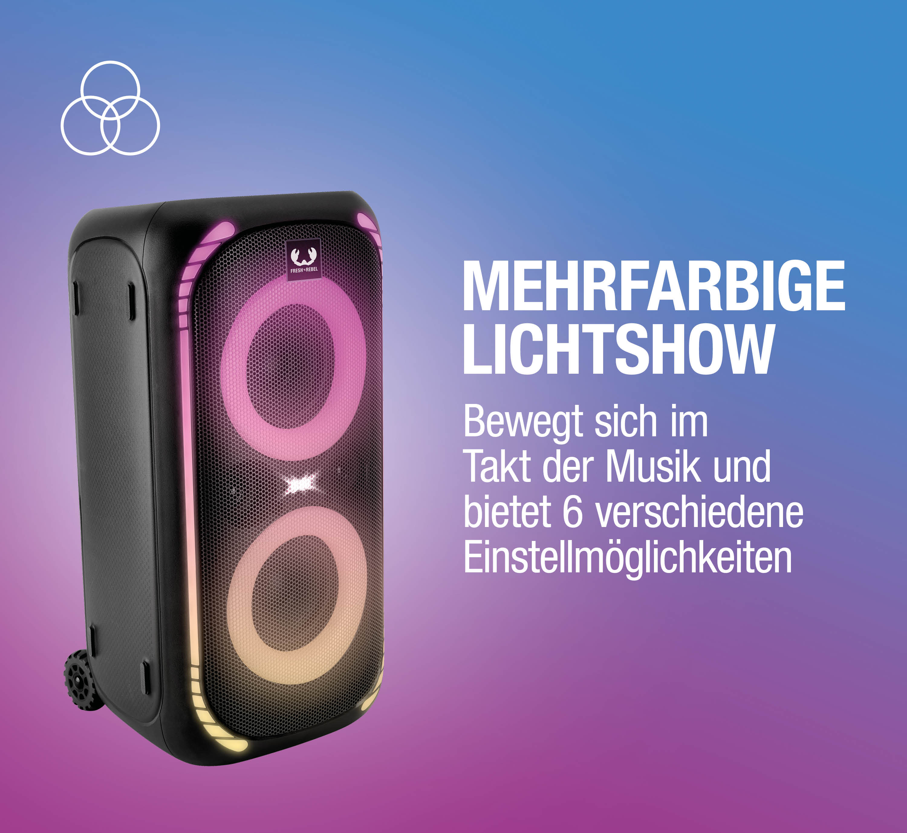 Schwarzer Partylautsprecher mit bunten LED-Lichtern und deutscher Textgrafik vor blau-violetter Gradienten-Hintergrund.