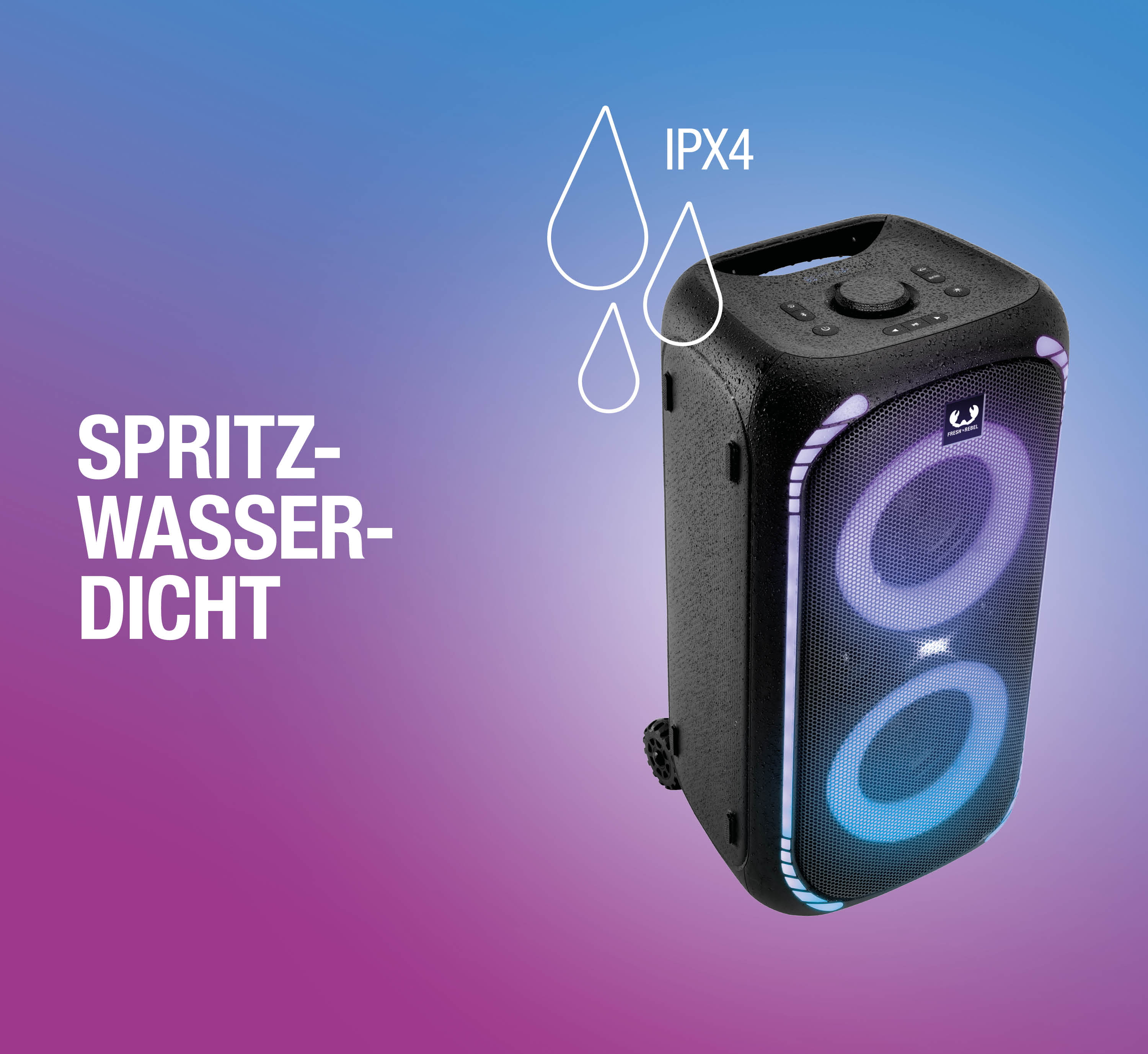 Ein schwarzer, spritzwassergeschützter IPX4 Bluetooth-Lautsprecher mit leuchtenden blauen und violetten Akzenten.