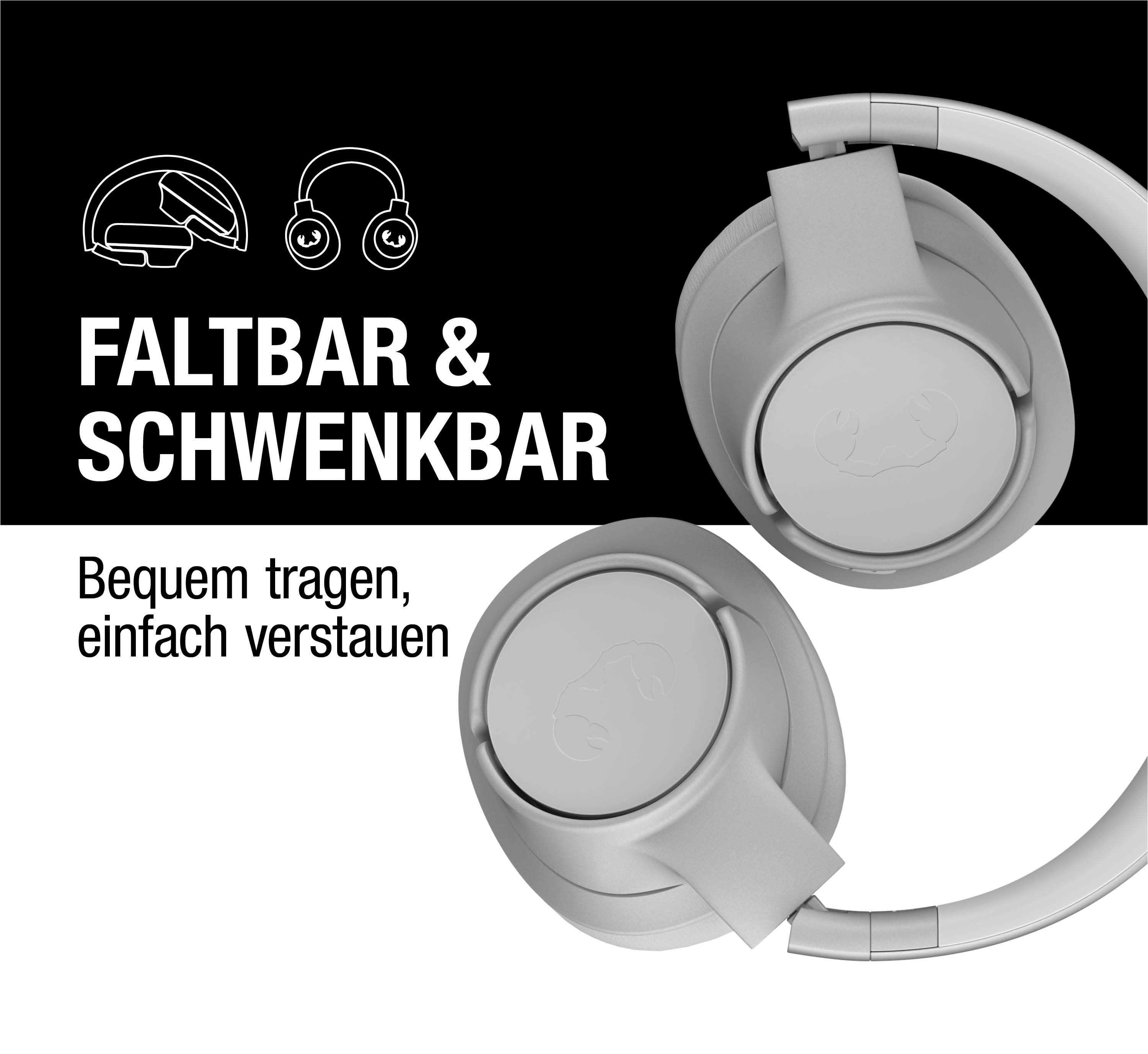 Auriculares grises plegables y giratorios con texto en alemán a la izquierda.