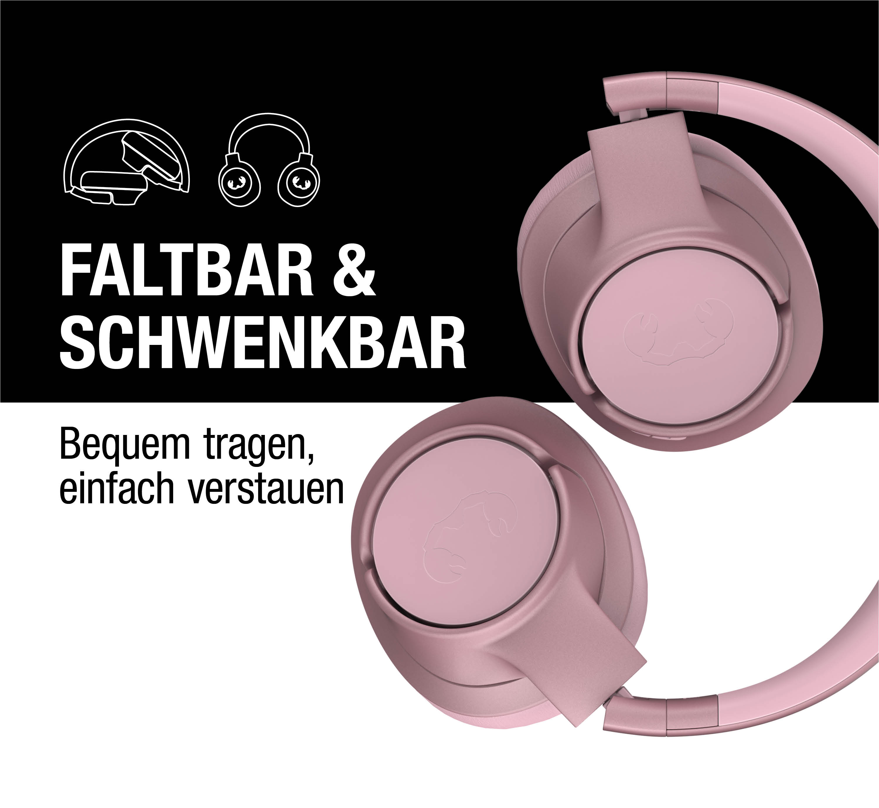 Auriculares rosas plegables sobre fondo blanco y negro con texto en alemán.