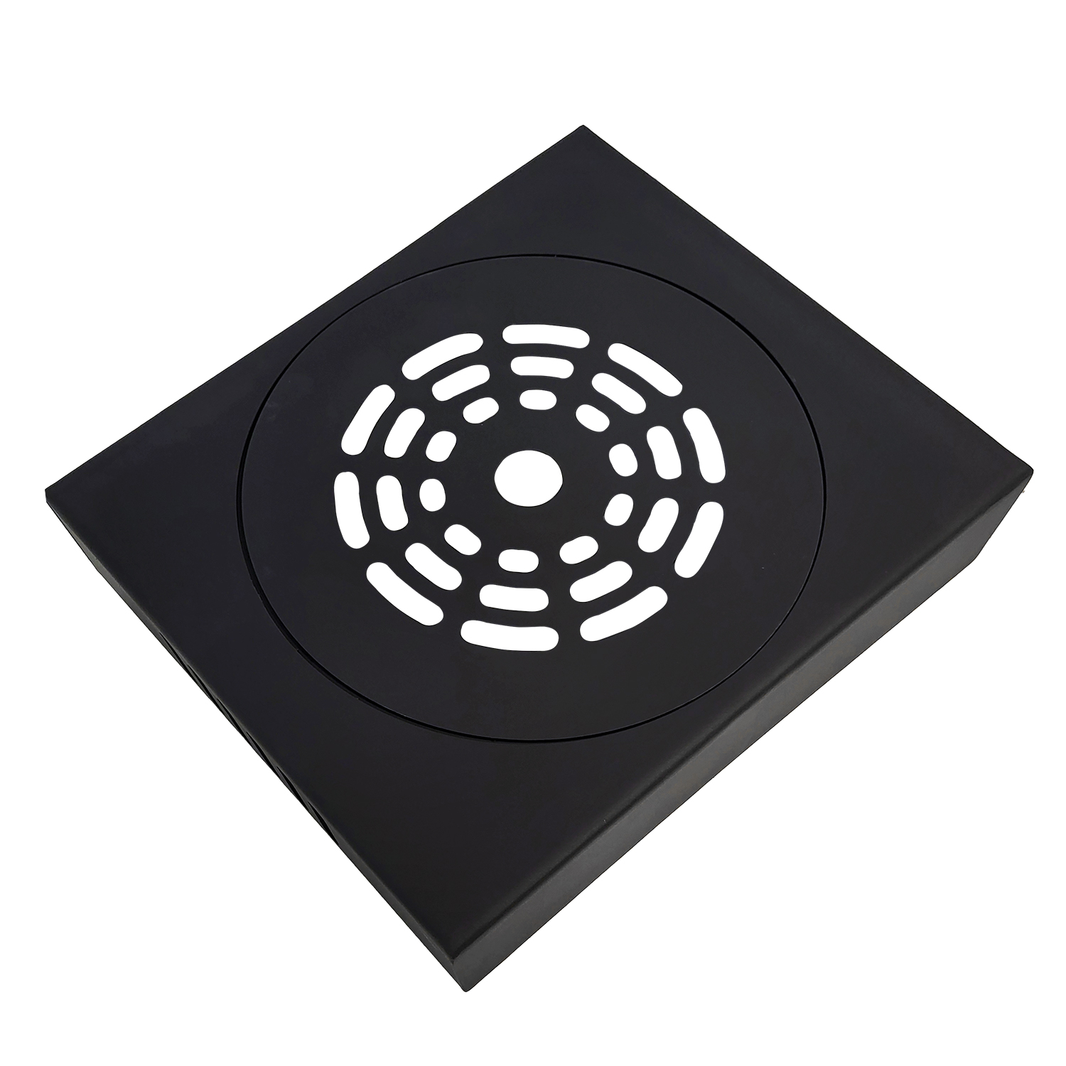 Eine schwarze, quadratische Bodenablaufabdeckung mit konzentrischem, kreisförmigem Schlitzmuster.