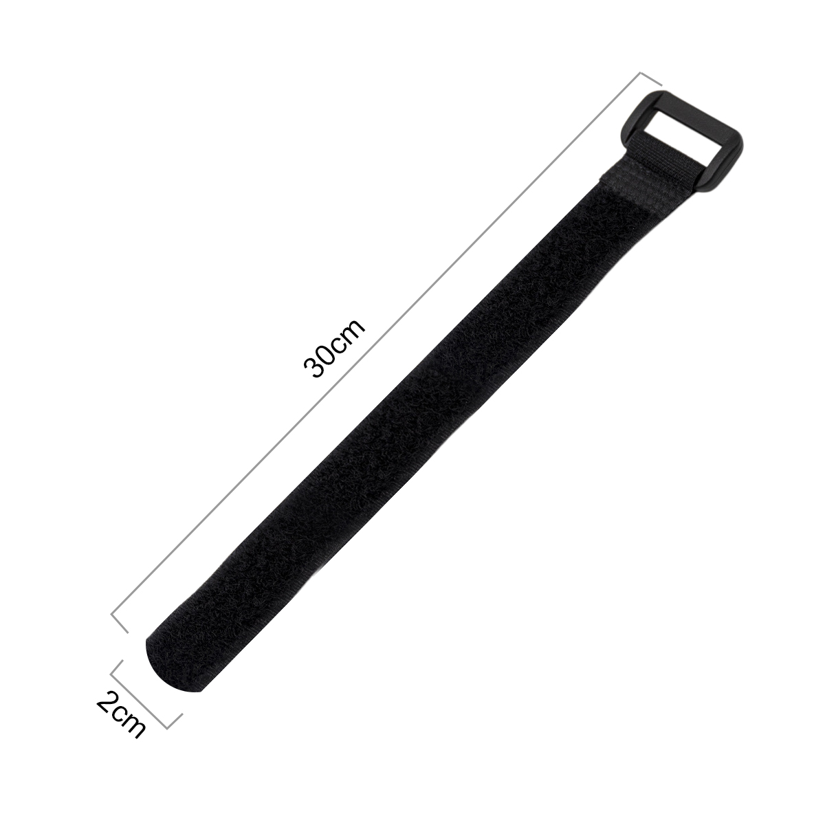 Ein schwarzer Klettgurt mit einer Schnalle und Maßangaben von 30 cm Länge und 2 cm Breite vor weißem Hintergrund.