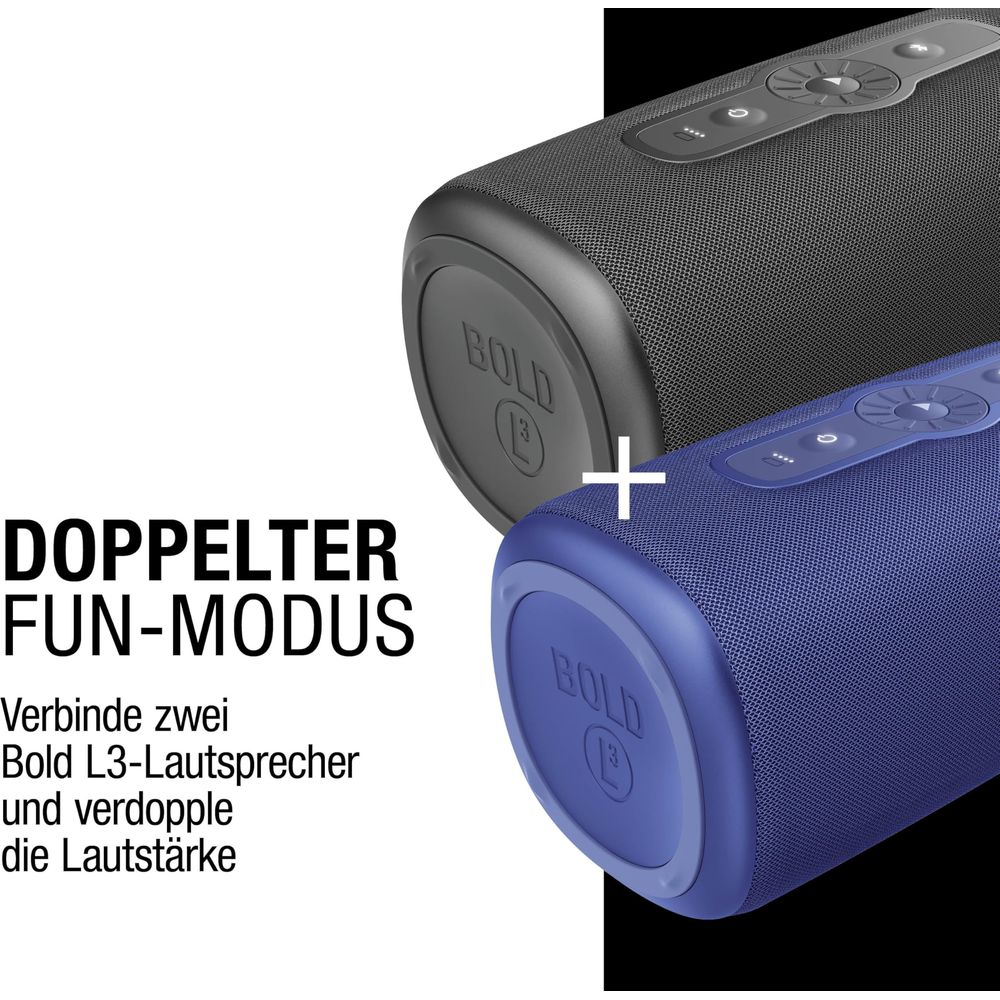 Zwei kabellose Lautsprecher in Schwarz und Blau zeigen die Funktion zur Verdoppelung der Lautstärke.