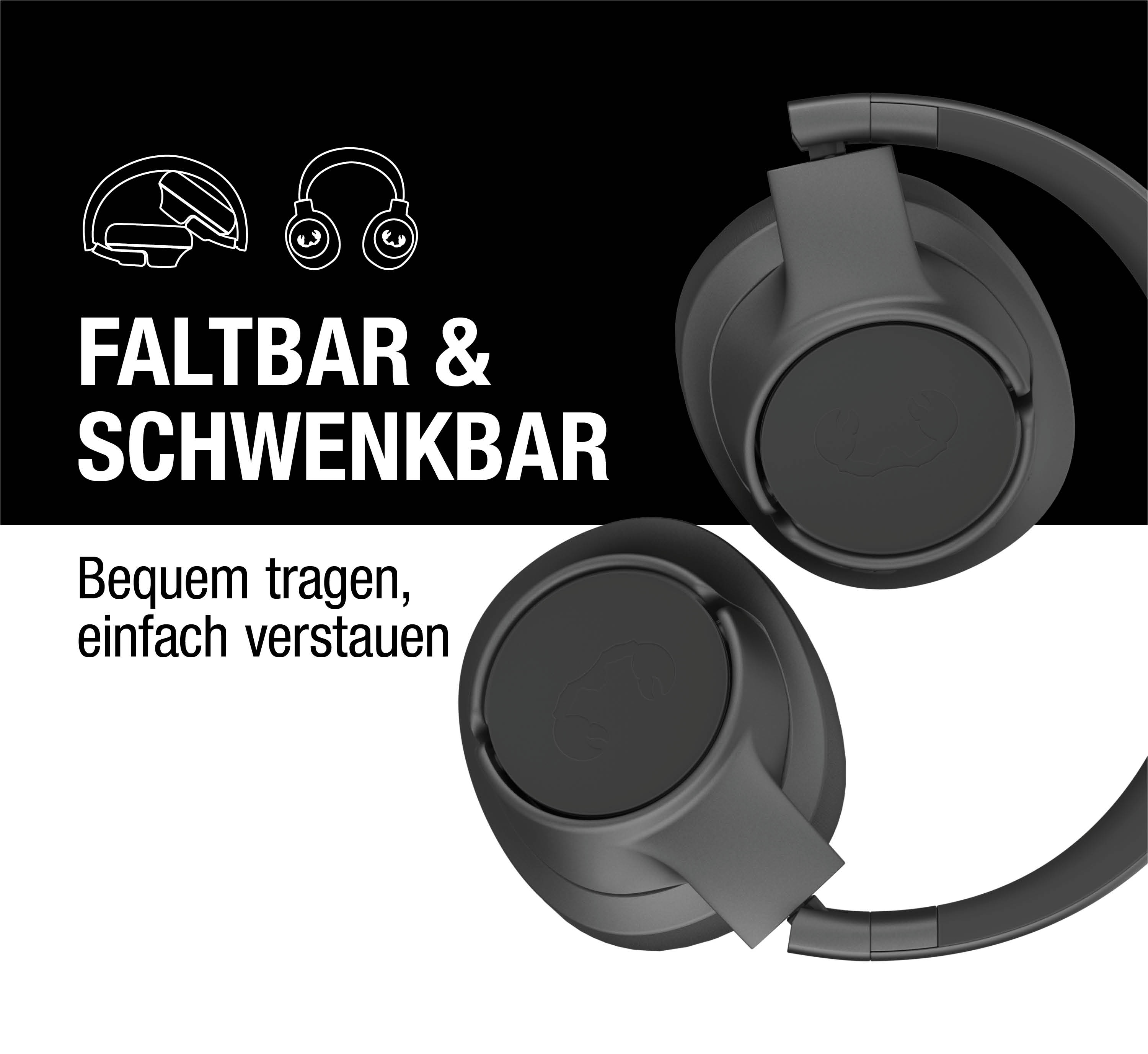 Auriculares negros plegables y giratorios con texto en alemán.