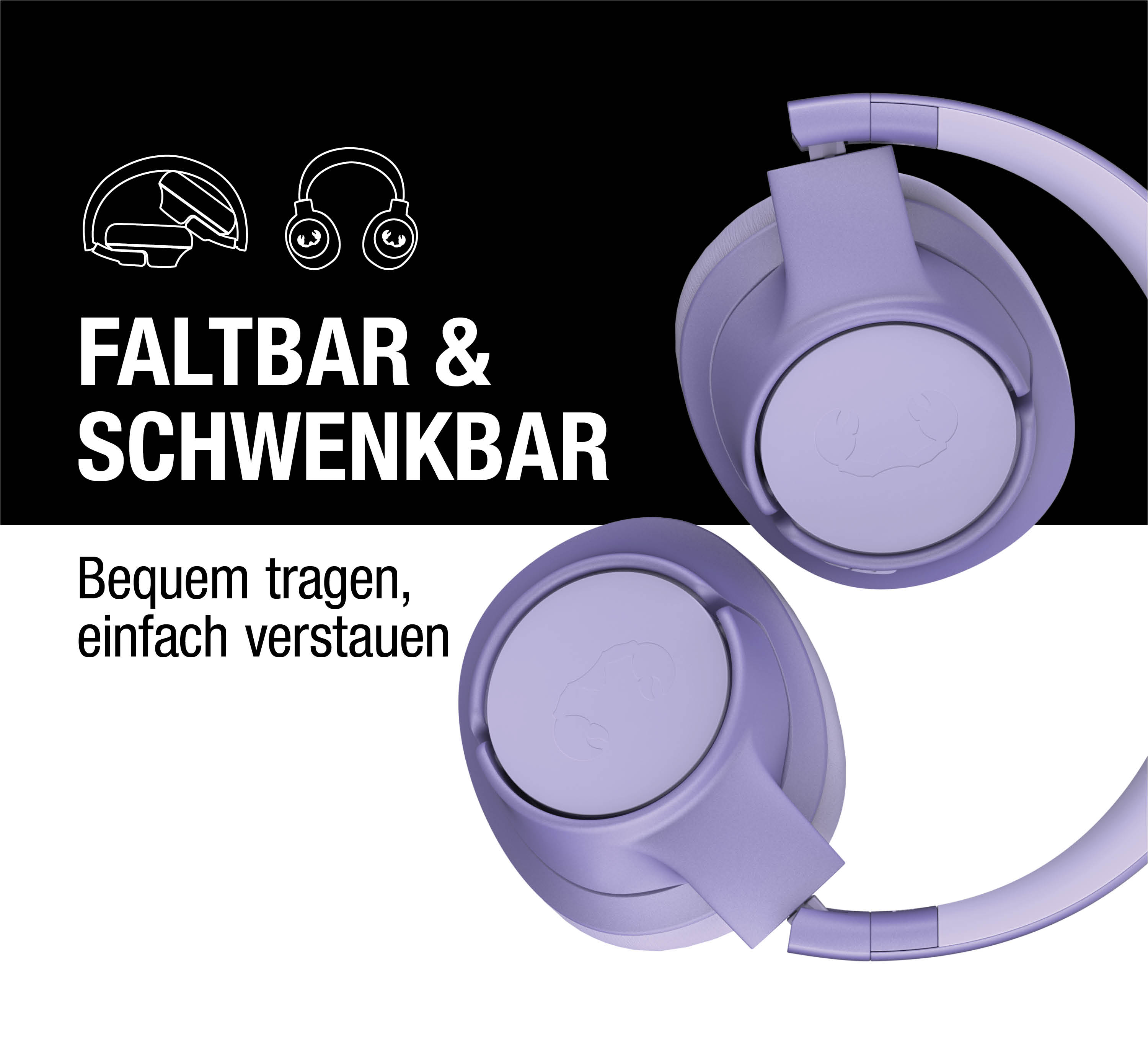 Auriculares supraaurales morados, plegables y giratorios sobre fondo blanco y negro con texto.