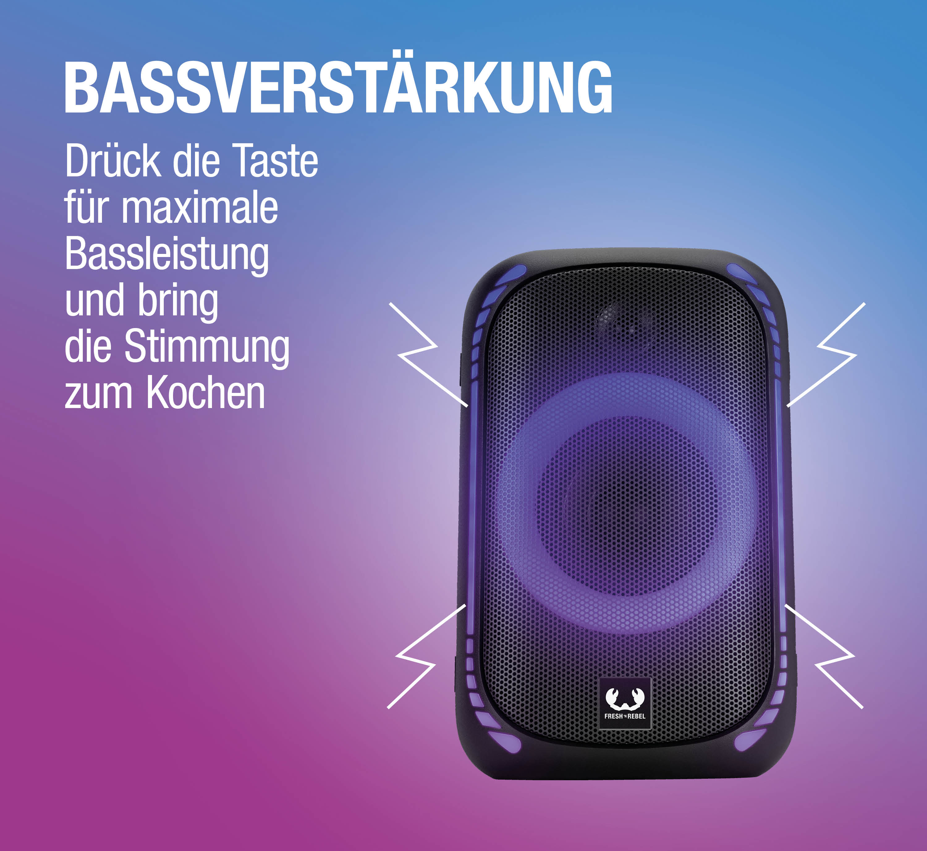 Ein schwarzer Party-Lautsprecher mit violetter Beleuchtung und deutscher Werbeschrift auf blau-violettem Hintergrund.