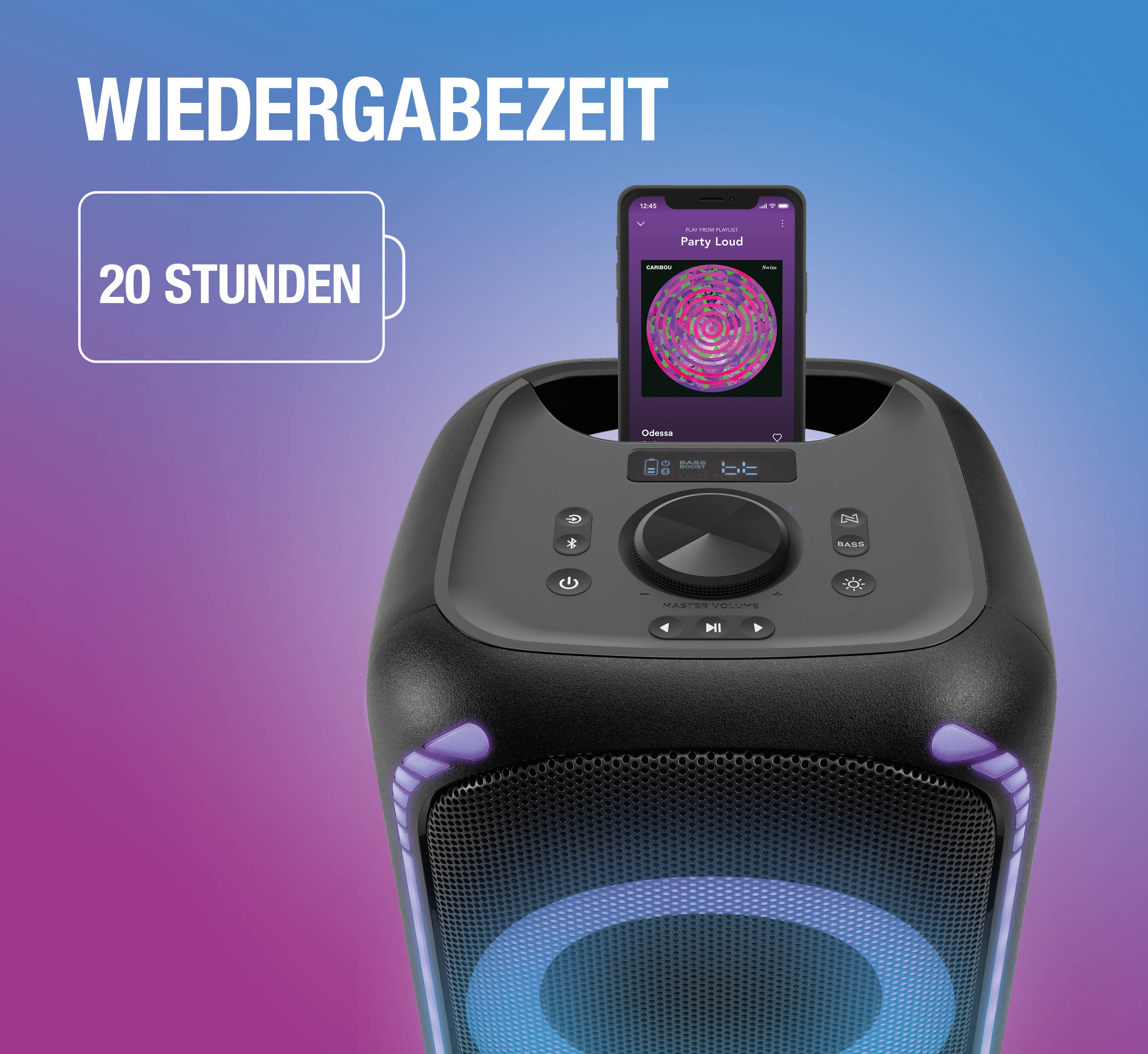 Ein schwarzer Party-Lautsprecher mit Telefon oben, blau-lila Lichtern und dem Text Wiedergabezeit 20 Stunden.