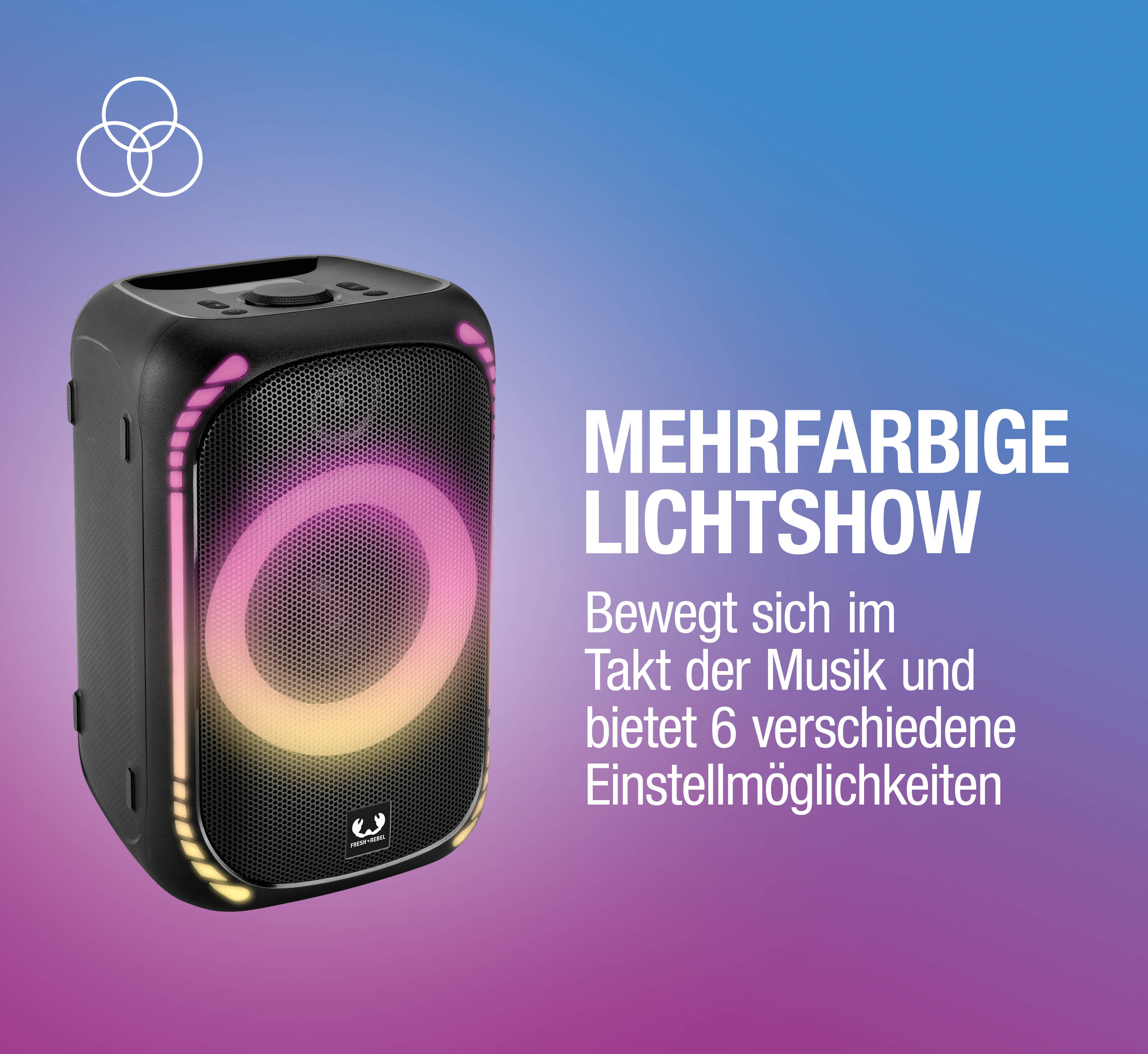 Ein schwarzer Party-Lautsprecher mit bunt leuchtenden Lichtern vor blau-violettem Hintergrund mit deutschem Text.