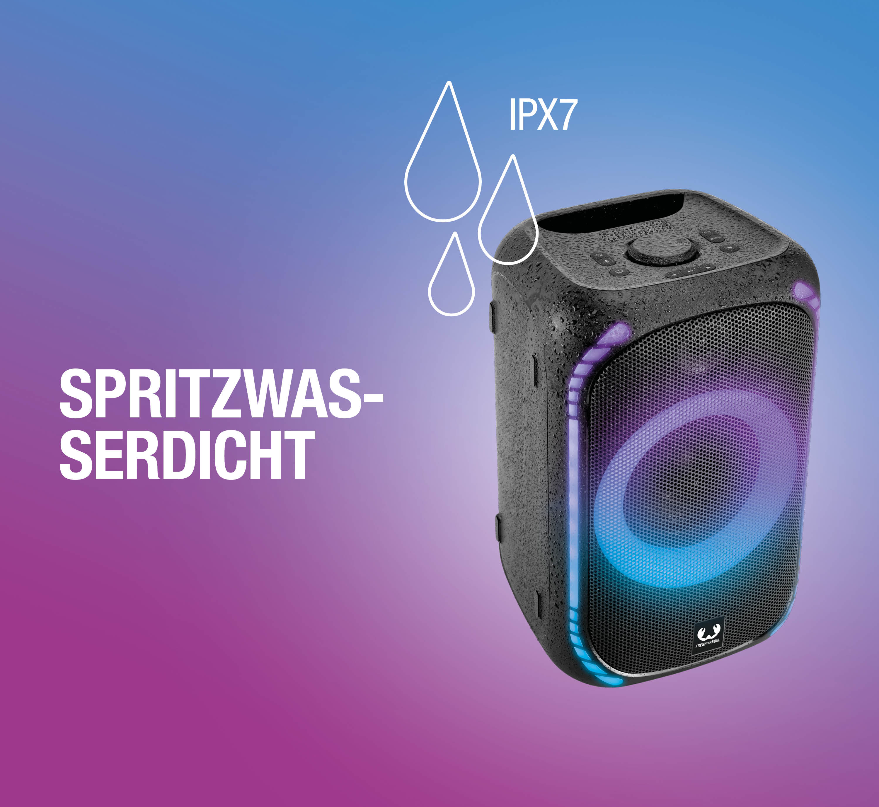 Ein schwarzer, wasserdichter Lautsprecher mit blau-violetten LED-Lichern vor einem farbverlaufenden Hintergrund.