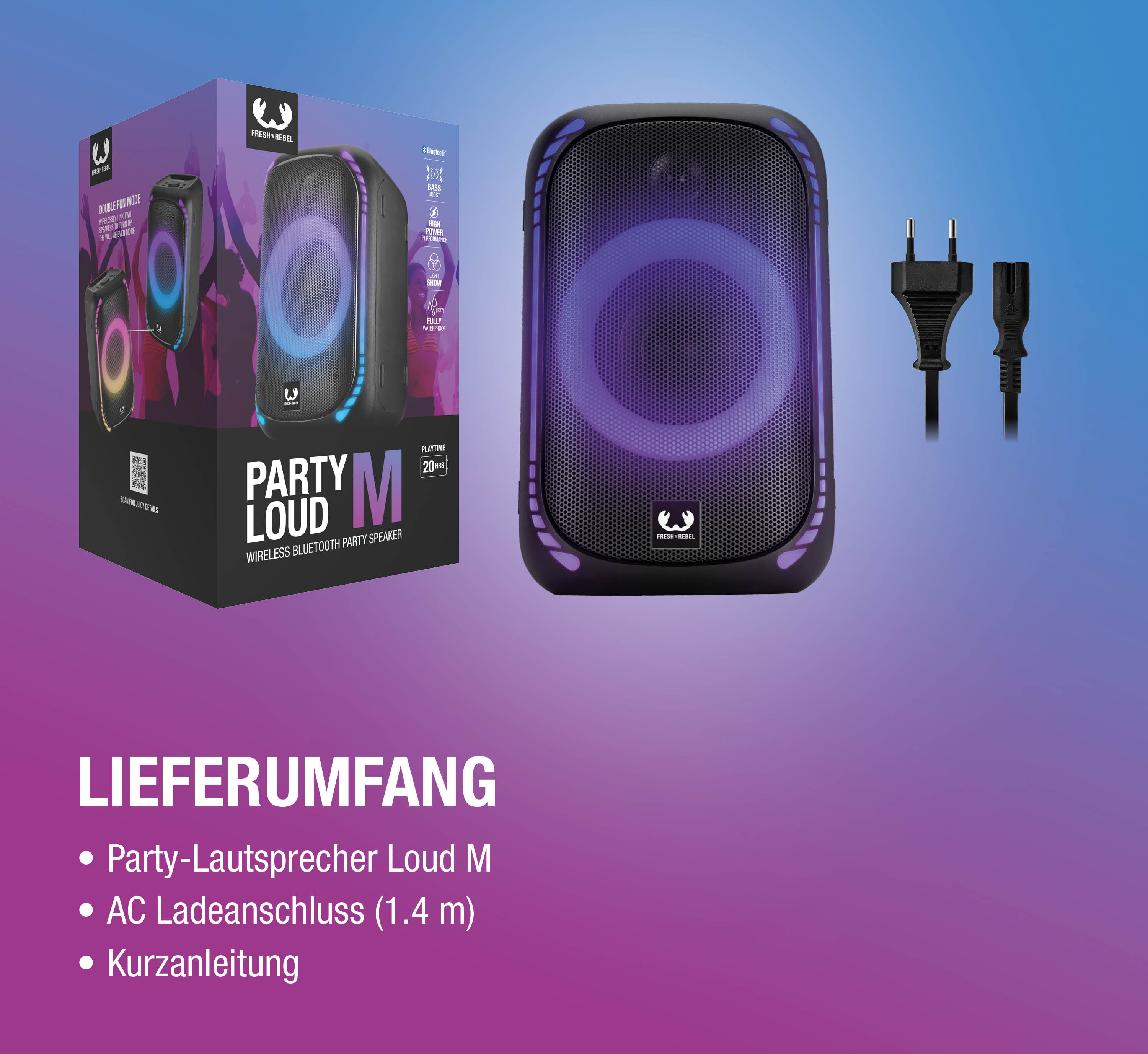Party-Lautsprecher Loud M mit Verpackung, Netzkabel und Lieferumfang-Text auf violettem Hintergrund.