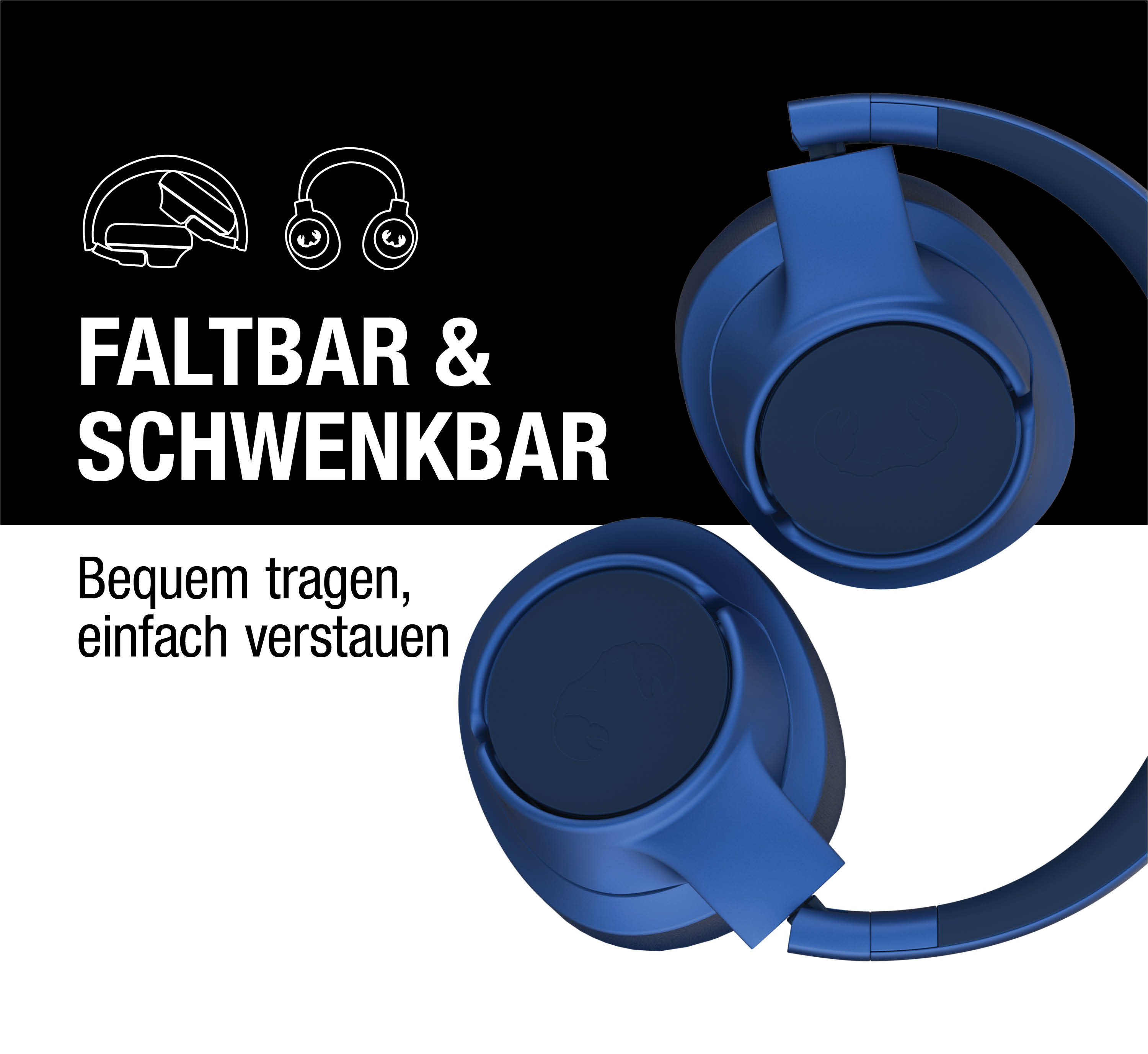 Auriculares supraaurales azules plegables con texto publicitario en alemán sobre comodidad y almacenamiento.