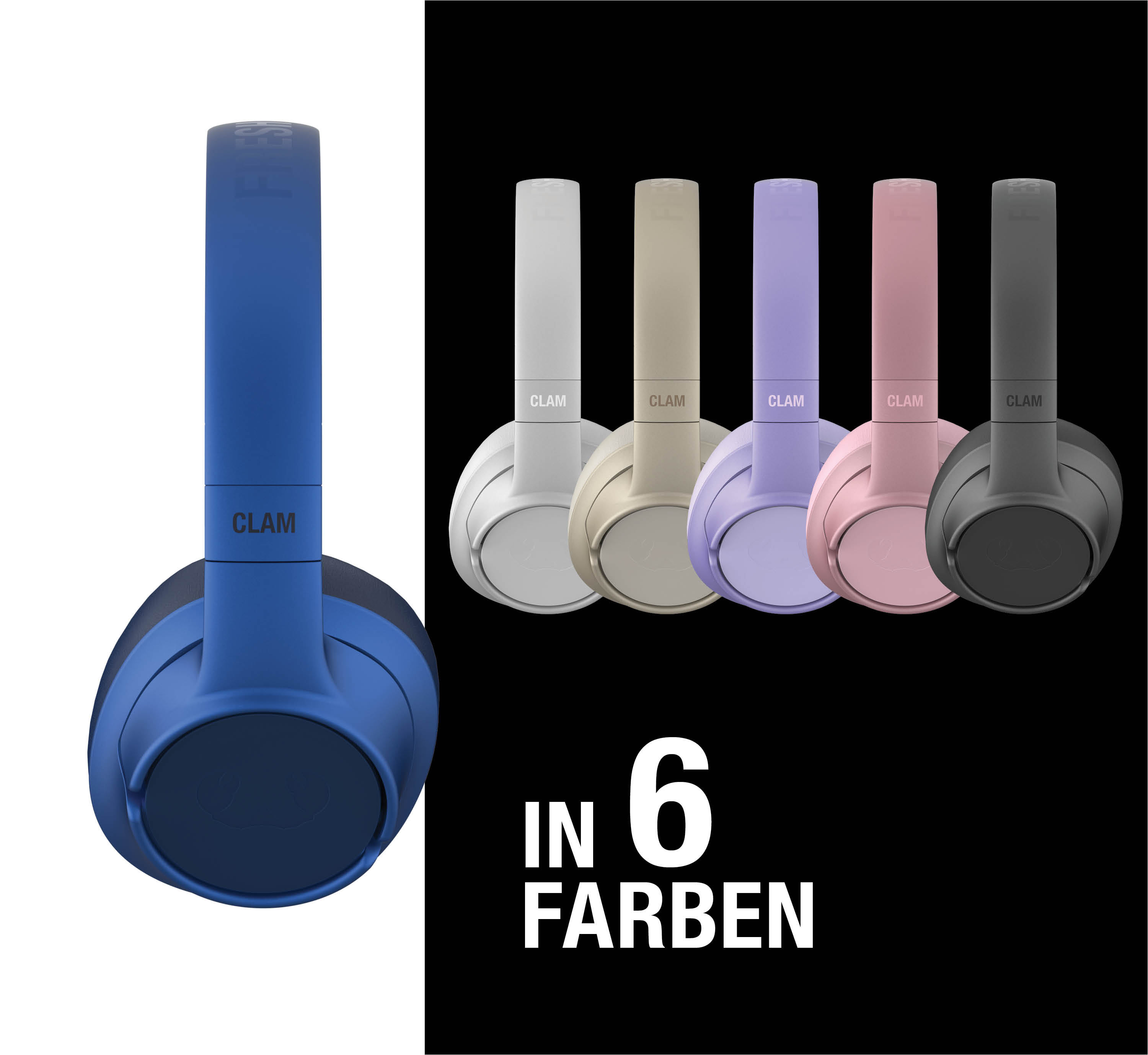 Auriculares inalámbricos azules a la izquierda, otros cinco colores a la derecha con texto en alemán.