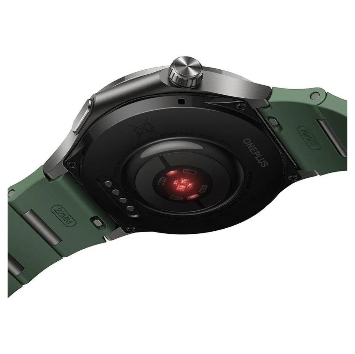 Parte trasera de un reloj inteligente verde con sensor LED rojo y contactos.