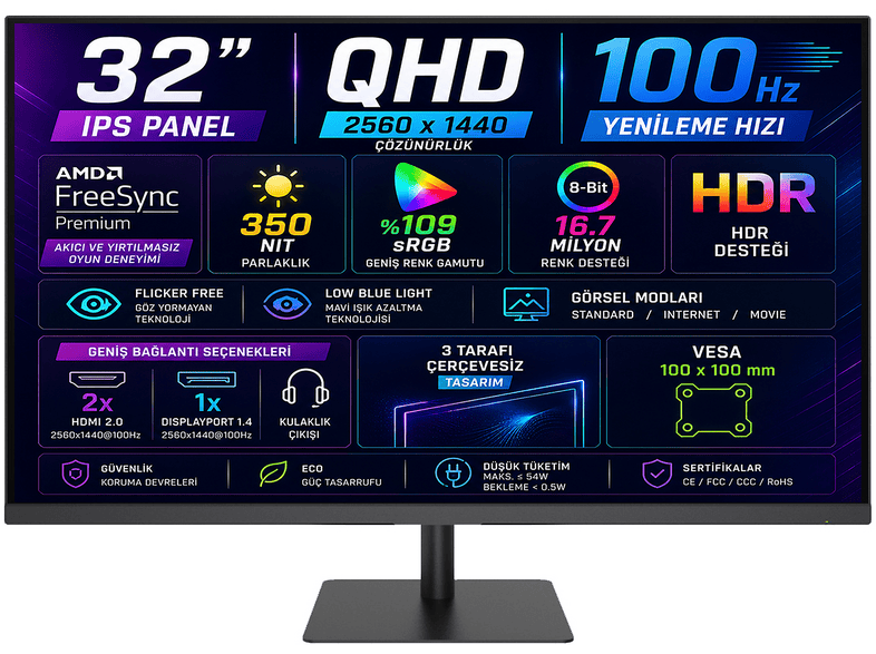 KTC H32T13 100 Hz (HDMI+DisplayPort) AMD FreeSync 2K (2560x1440) IPS Panel 32 inç QHD 5 ms Monitör Siyah