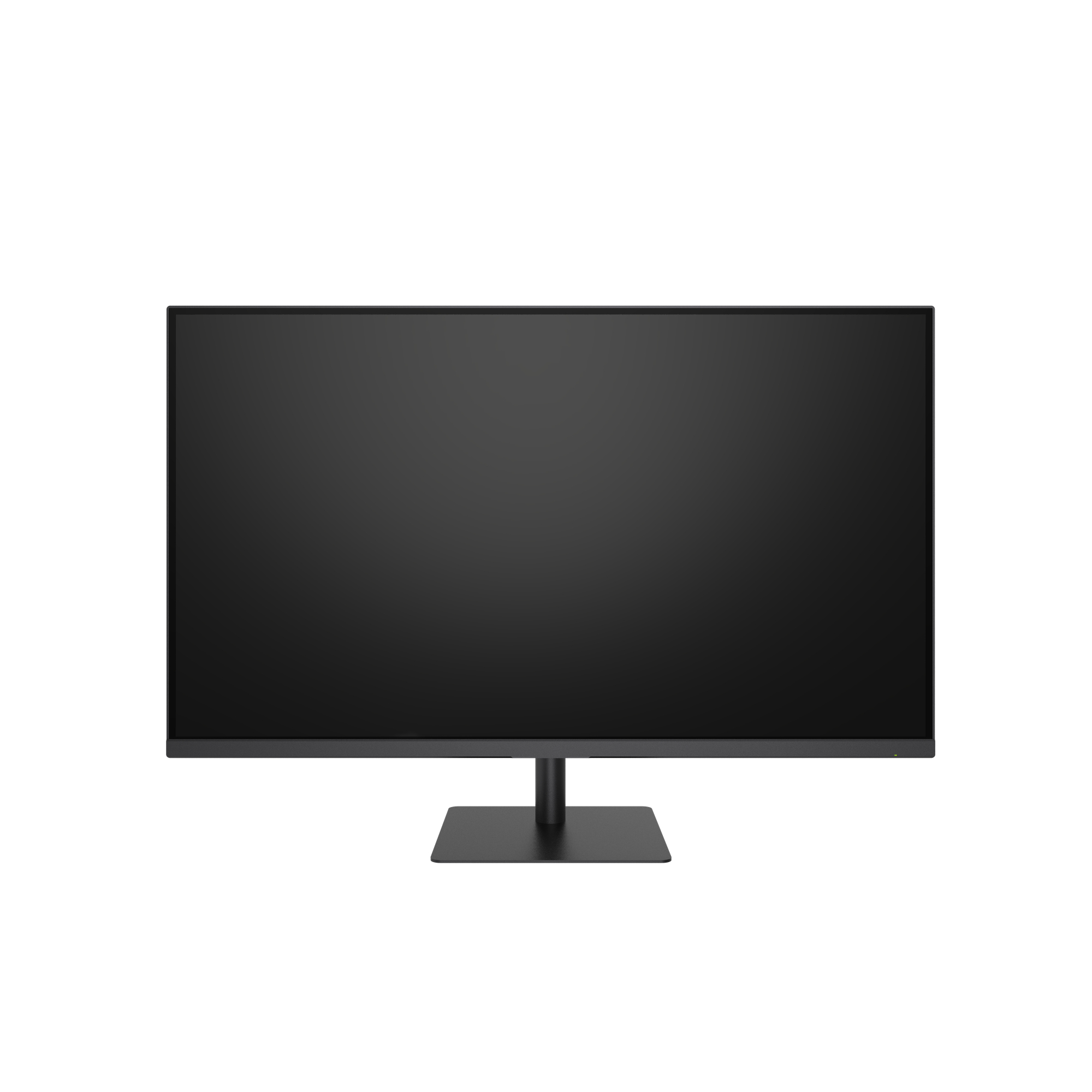Beyaz arka planda ince çerçeveli ve kare tabanlı siyah bir bilgisayar monitörü.
