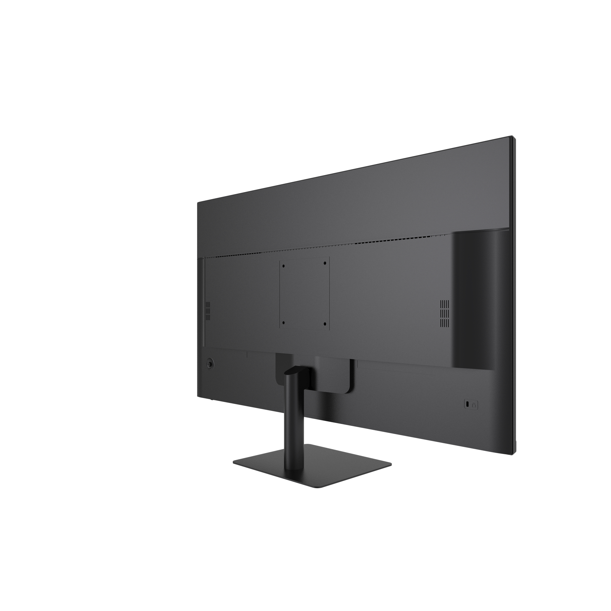 Kare tabanlı bir stand üzerinde duran siyah bir bilgisayar monitörünün arkadan görünümü.