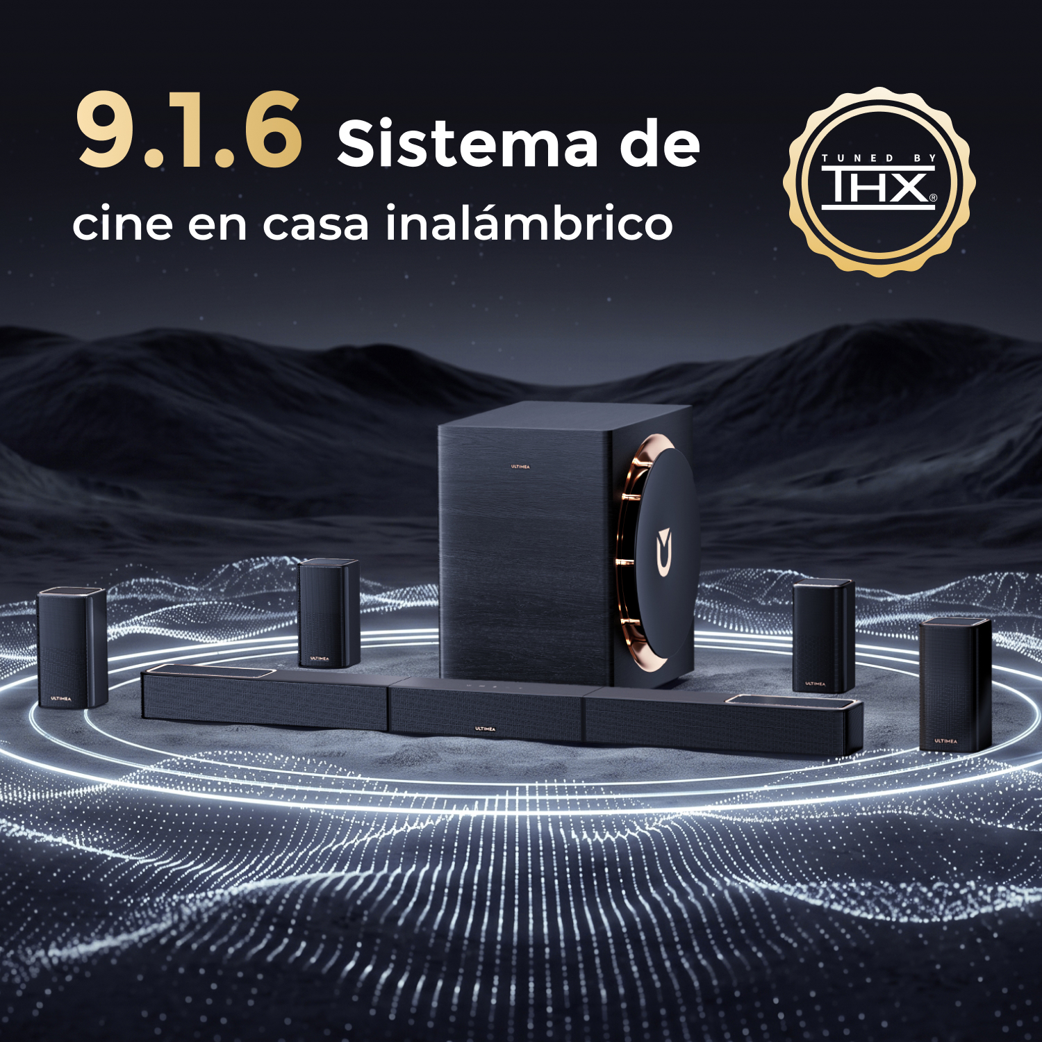 Un sistema de cine en casa inalámbrico negro 9.1.6 con un subwoofer, barra de sonido y altavoces satélite.