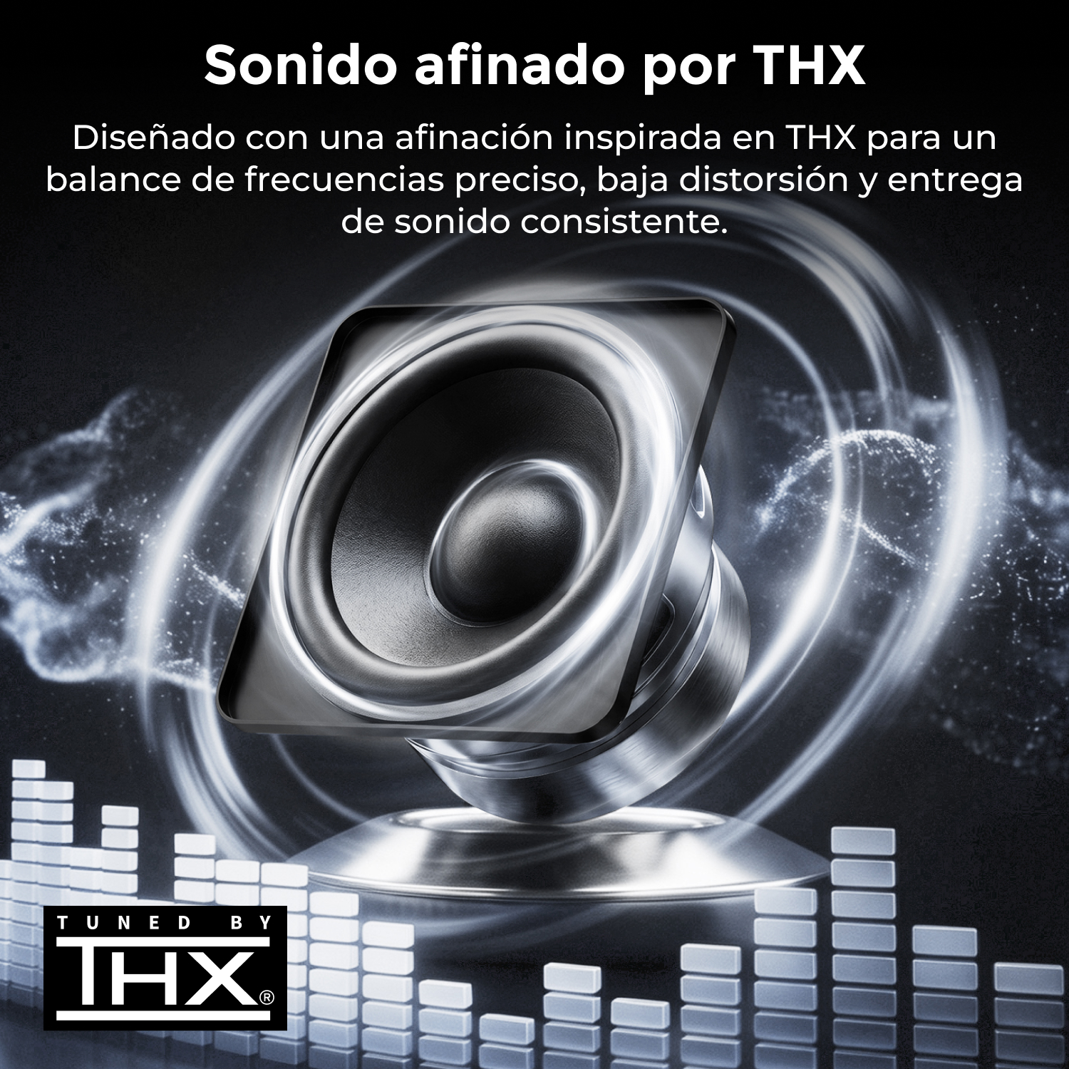 Un altavoz afinado por THX rodeado de ondas sonoras y barras de ecualizador sobre fondo oscuro.