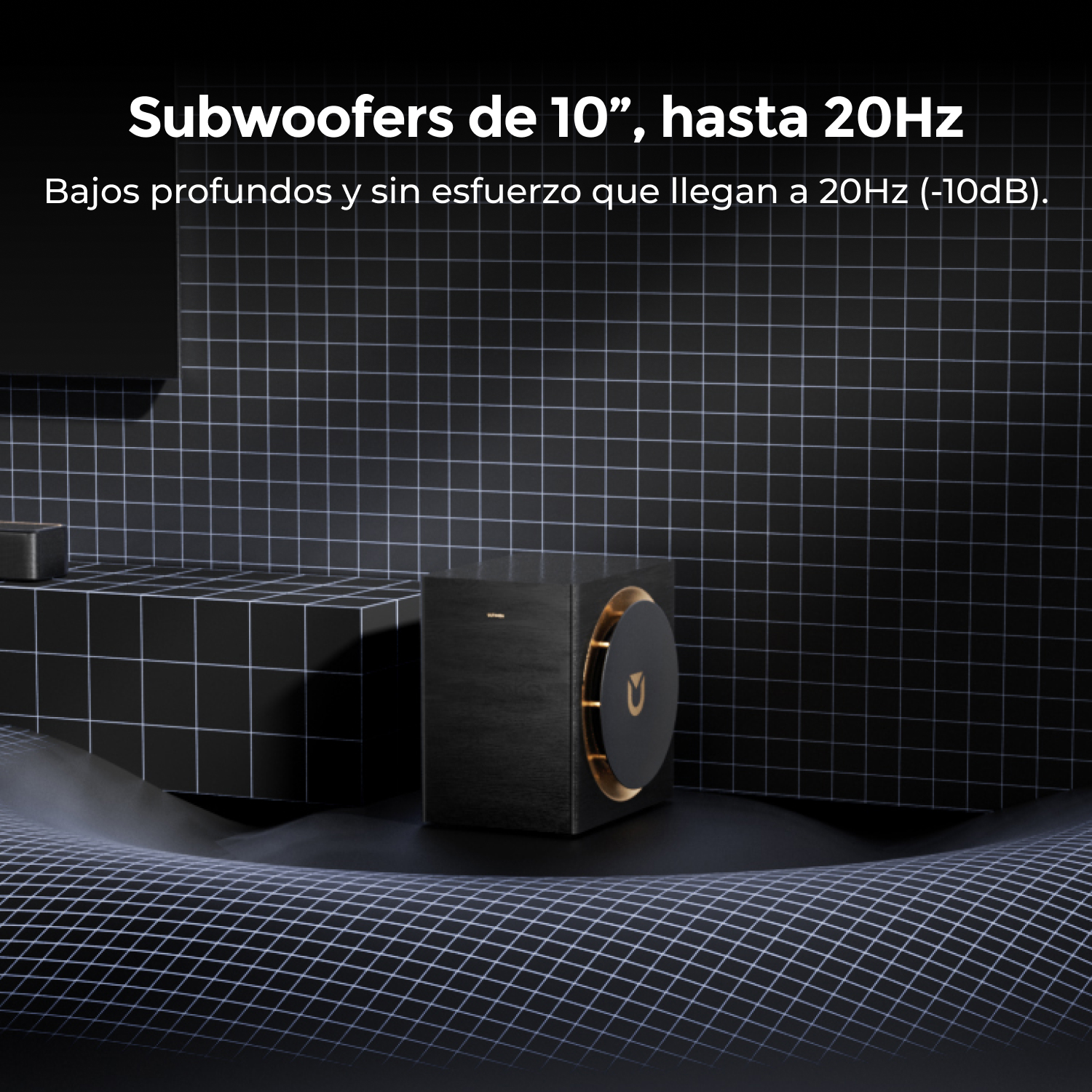 Un subwoofer negro de 10 pulgadas frente a una pared de cuadrícula con texto en español.