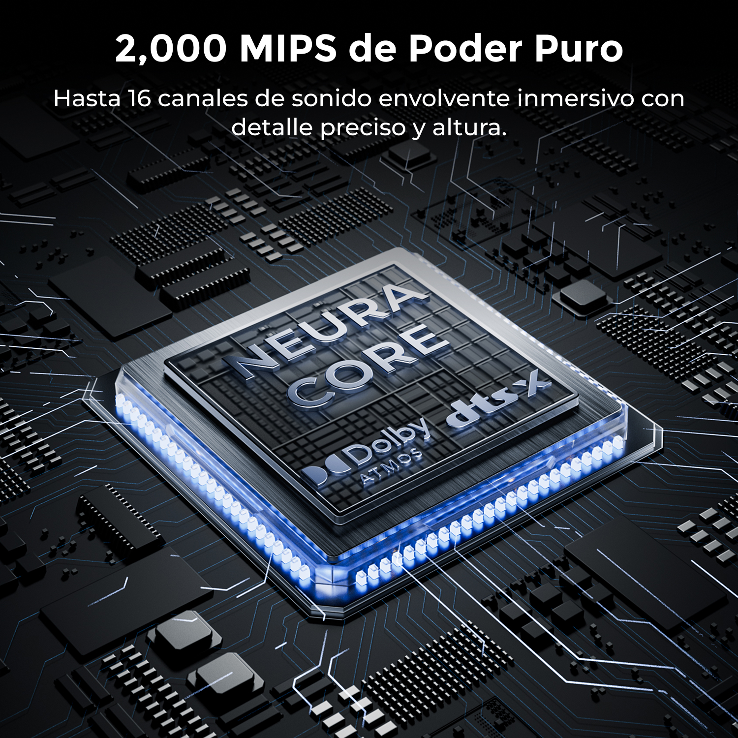 Microprocesador Neura Core iluminado en una placa de circuito con logotipos de Dolby Atmos y DTS:X.