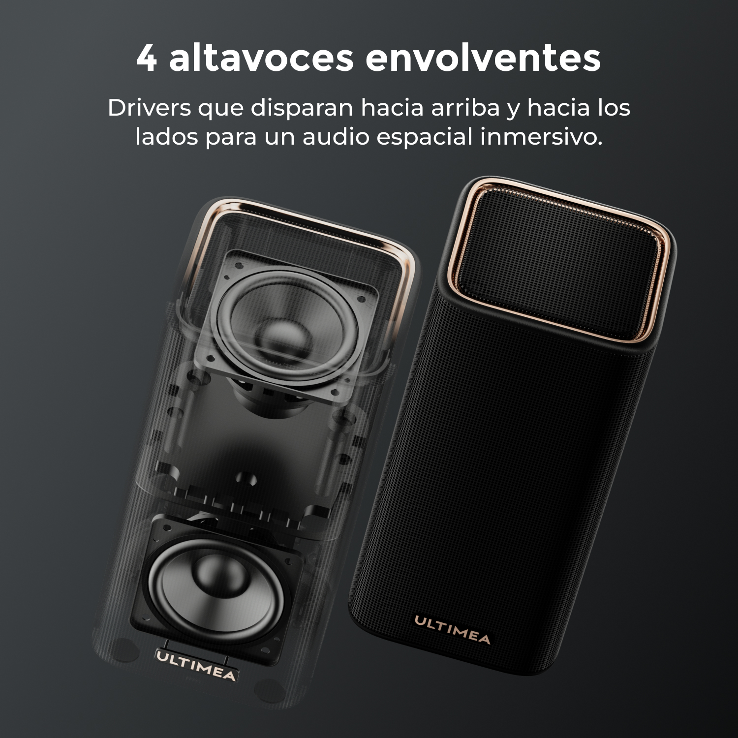 Dos altavoces ULTIMEA sobre fondo oscuro, uno mostrando su interior con dos drivers.