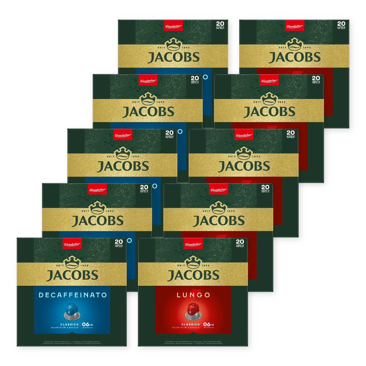 Stapel aus grünen Jacobs Kaffee-Kapselverpackungen, unten mit blauen und roten Akzenten.