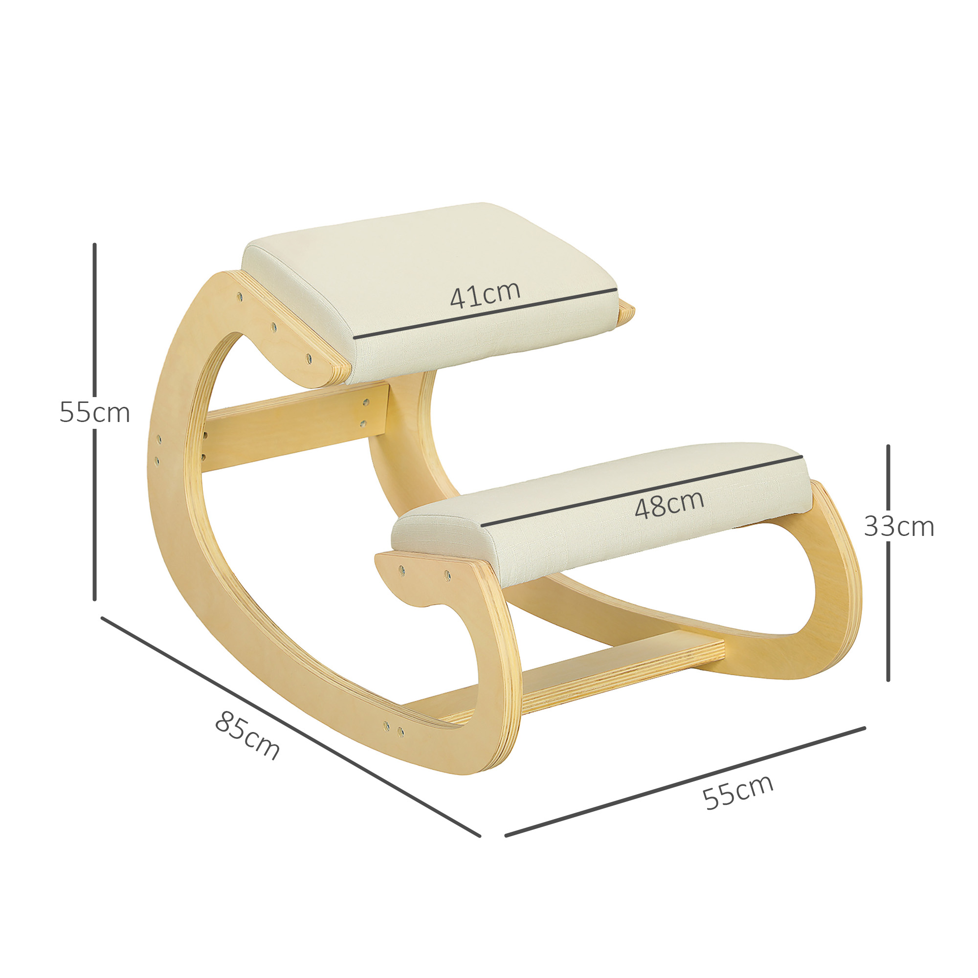 Sedia ergonomica in legno con cuscini beige e indicazioni delle dimensioni.