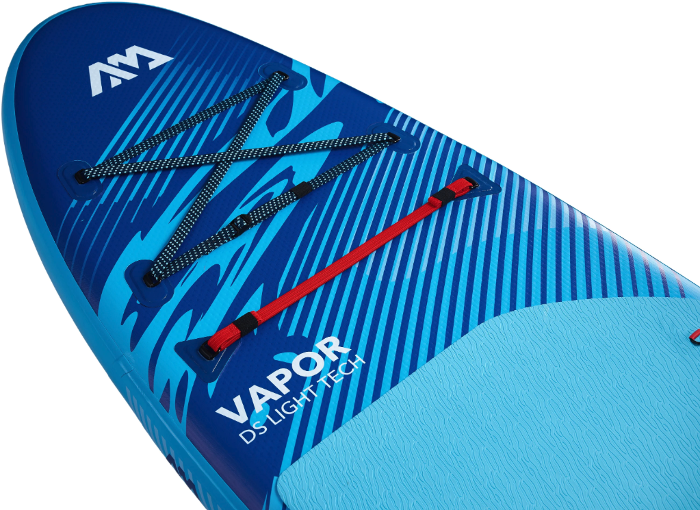 Una tavola da sup blu con corde elastiche, un cinturino rosso e la scritta VAPOR DS LIGHT TECH.