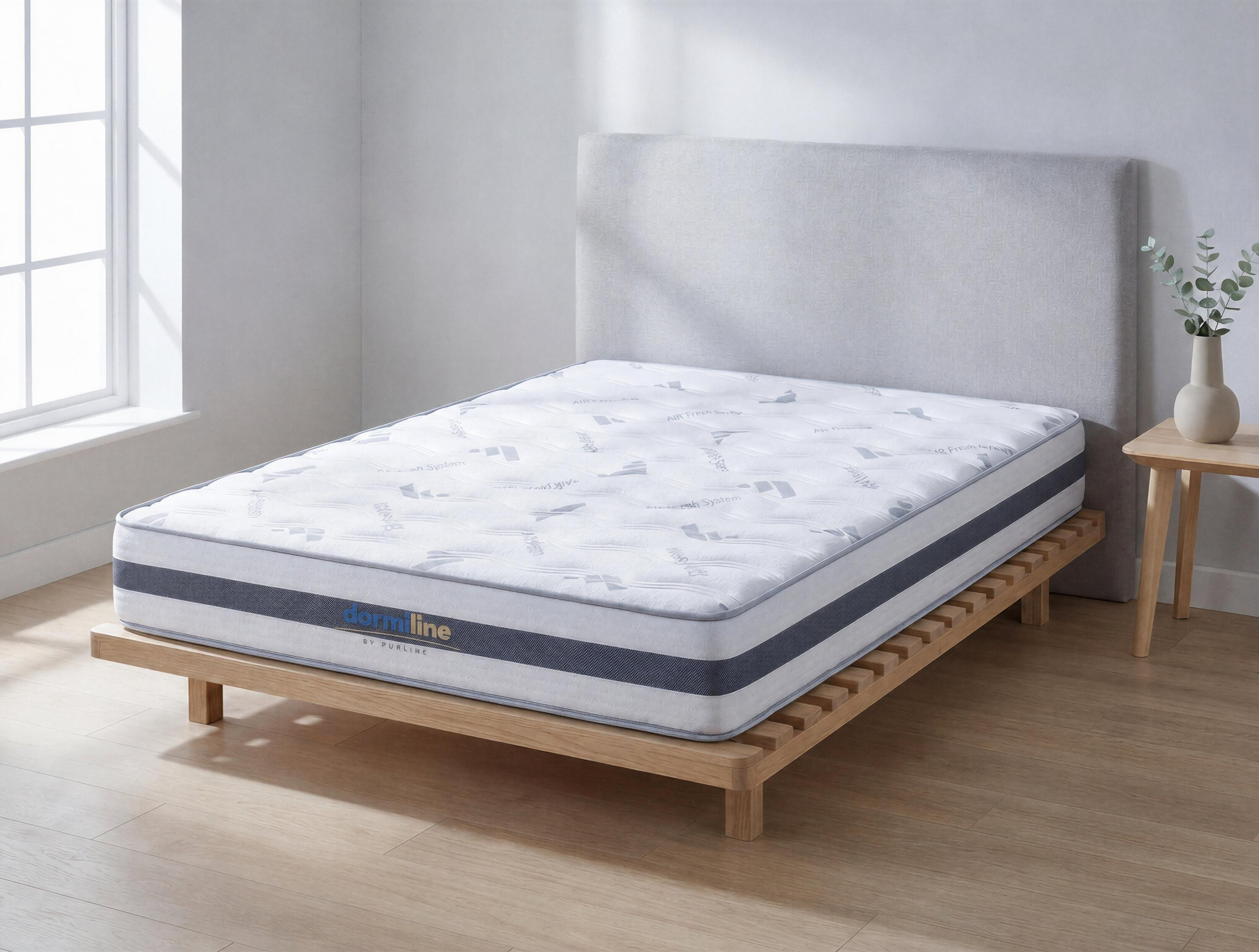 Un colchón blanco sobre estructura de madera en dormitorio luminoso con cabecero gris y mesita.
