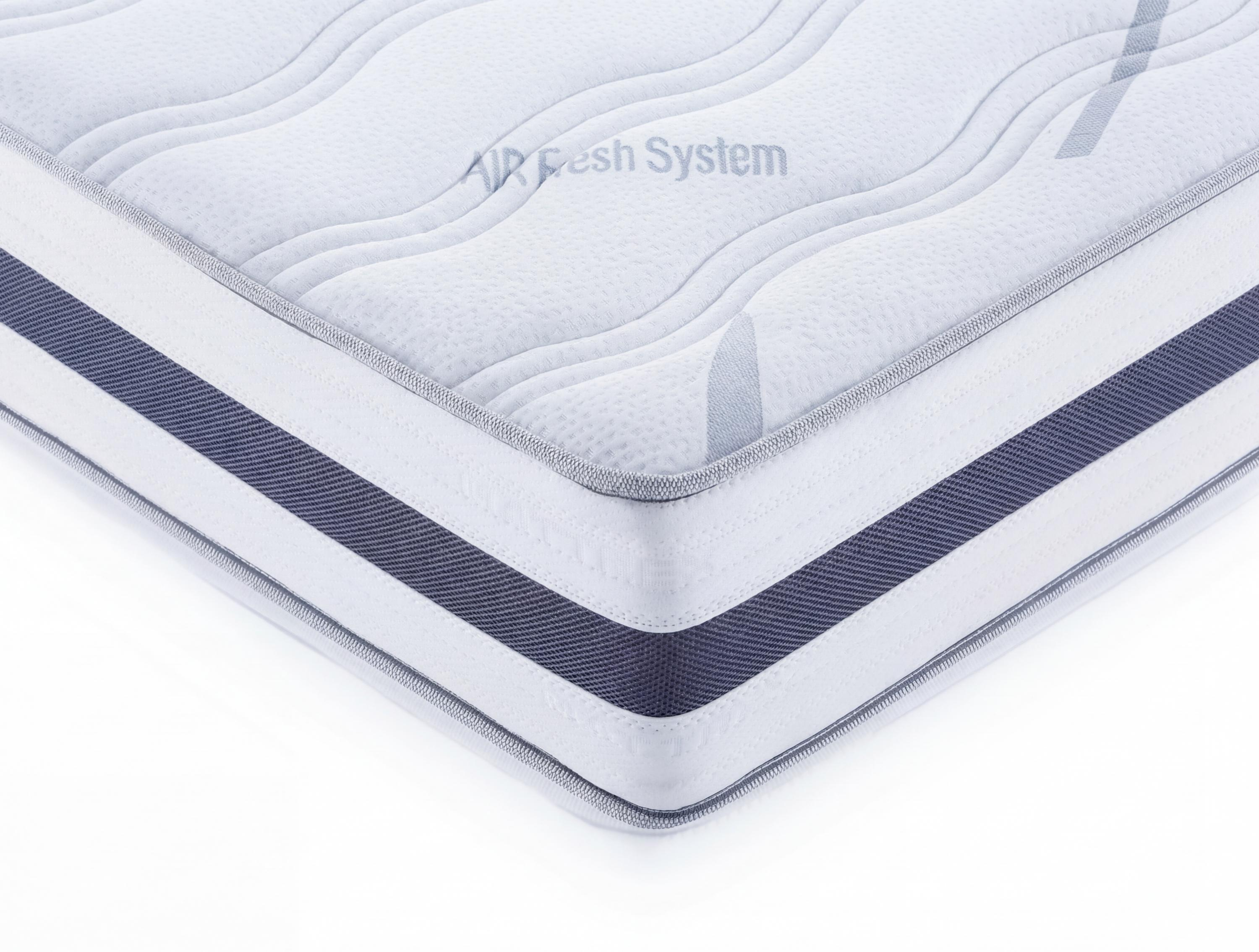 Un colchón blanco con un patrón ondulado, el texto "Air Fresh System" en la parte superior y un borde gris oscuro.